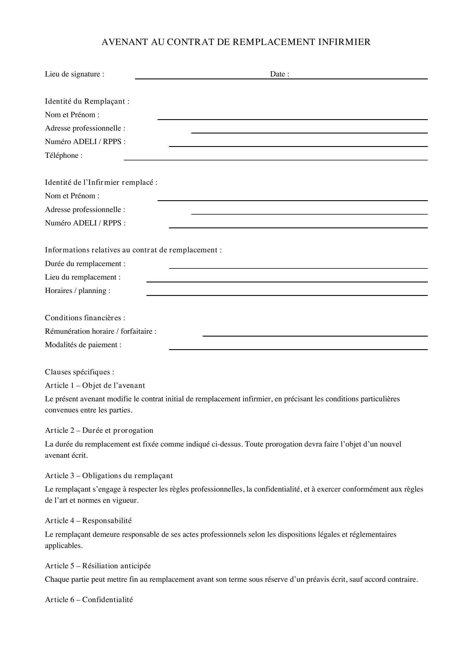 Modèle Avenant Contrat Remplacement Infirmier