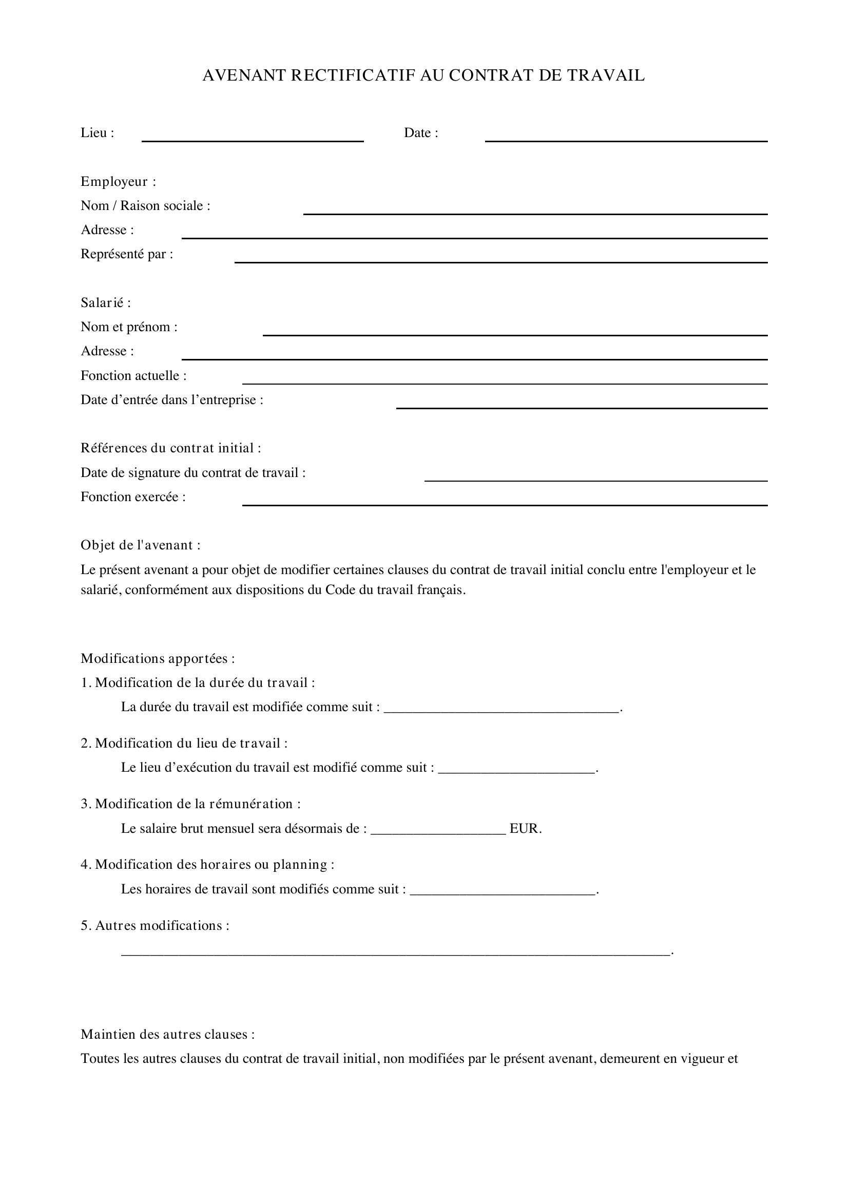 Modèle Avenant Rectificatif Contrat De Travail