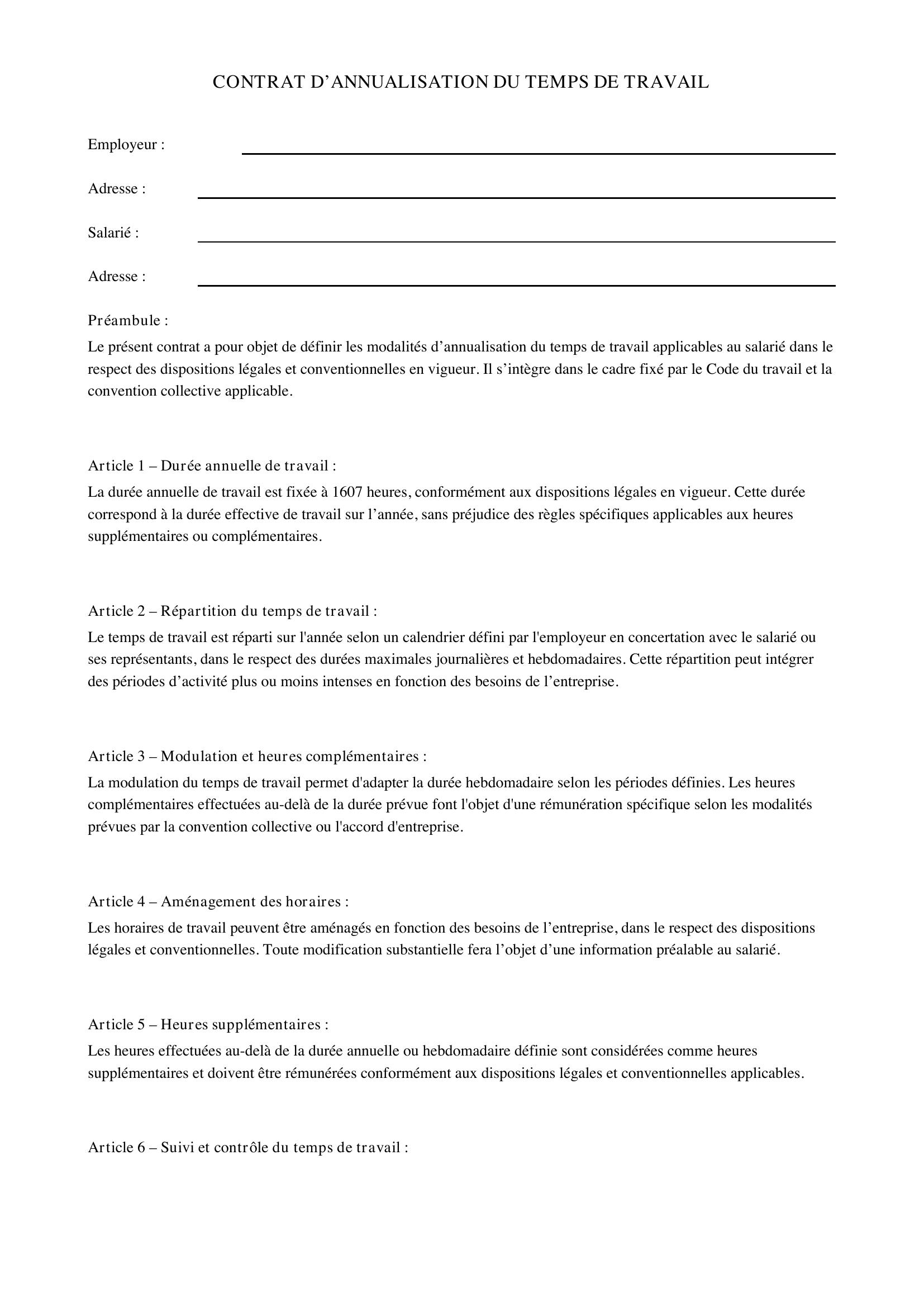 Modèle Contrat Annualisation Du Temps De Travail