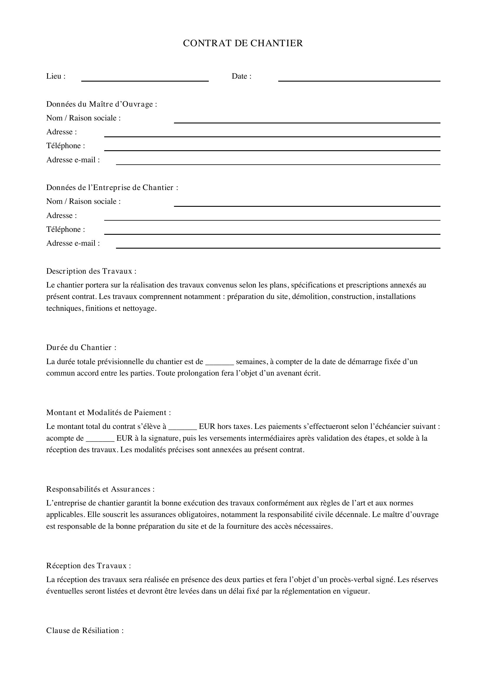 Modèle Contrat De Chantier