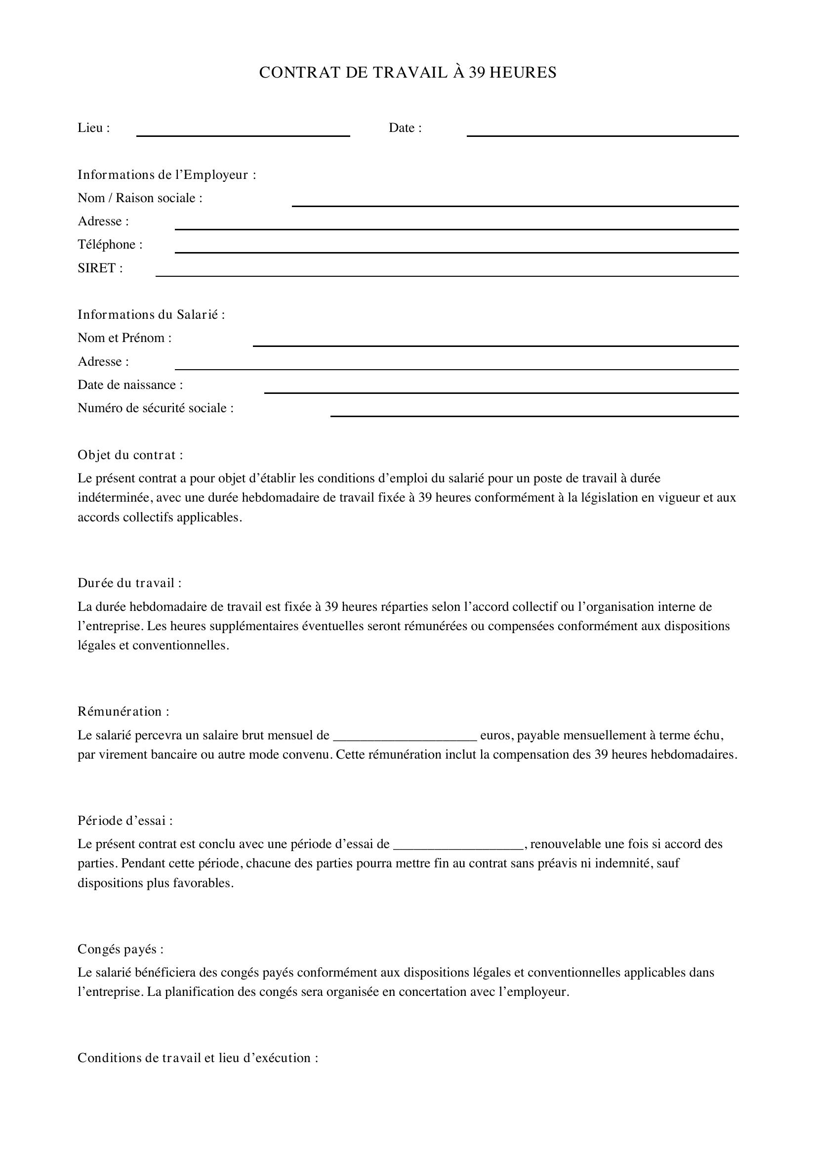 Modèle Contrat De Travail 39 Heures