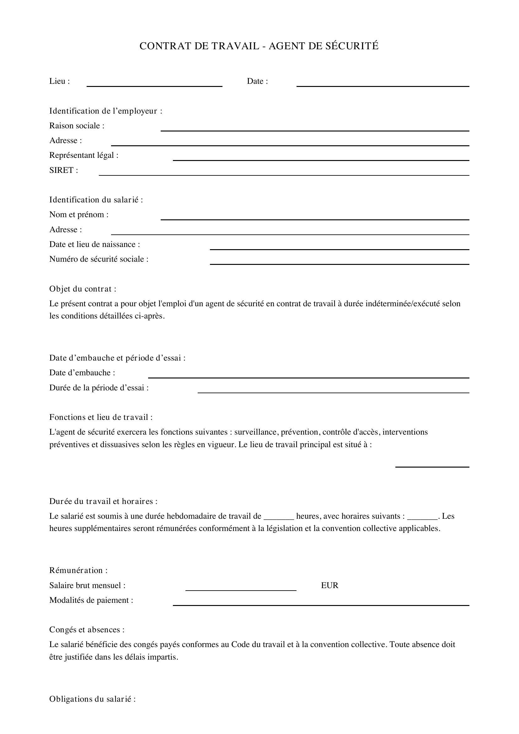 Modèle Contrat De Travail Agent De Sécurité