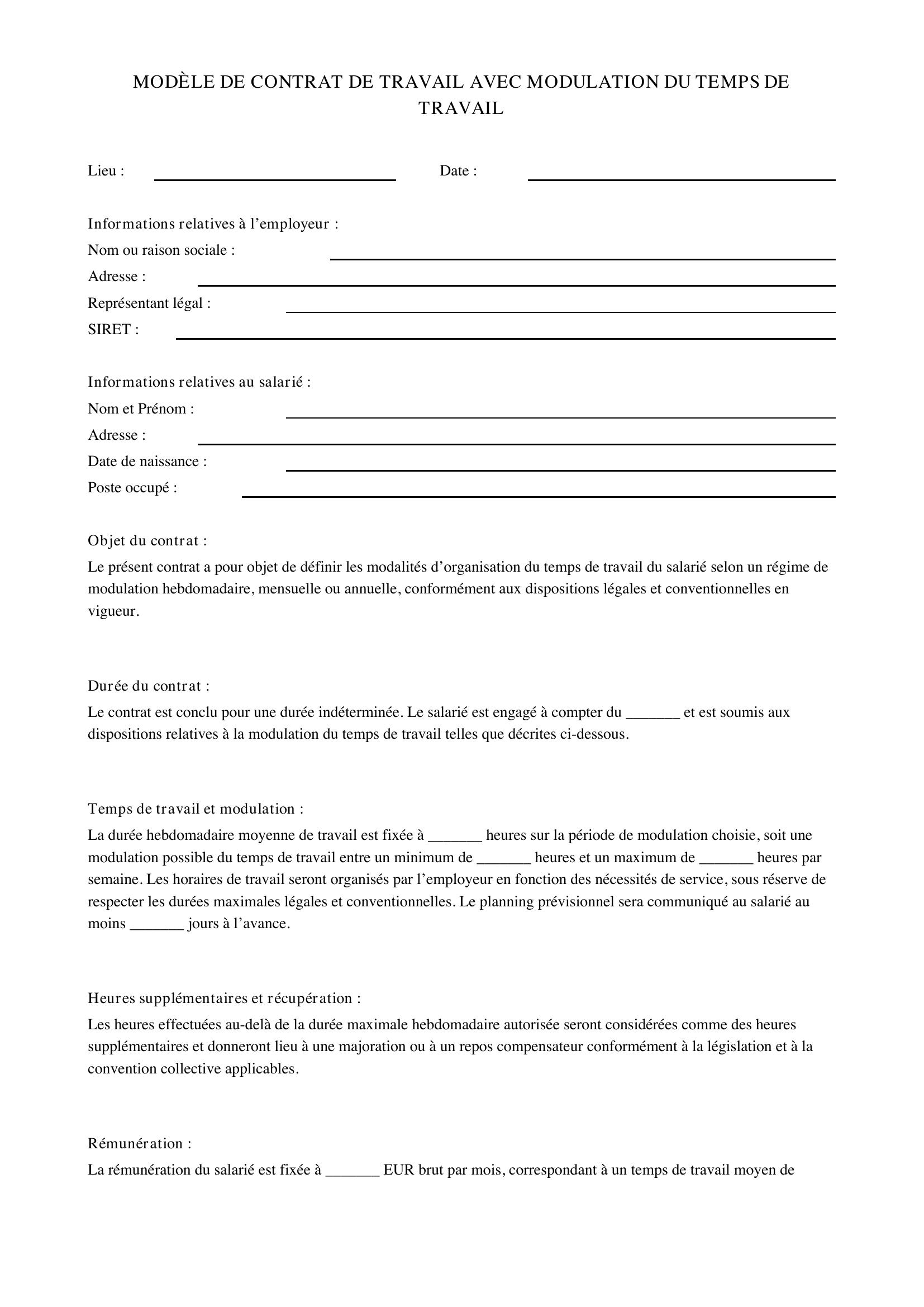 Modèle Contrat De Travail Avec Modulation Du Temps De Travail