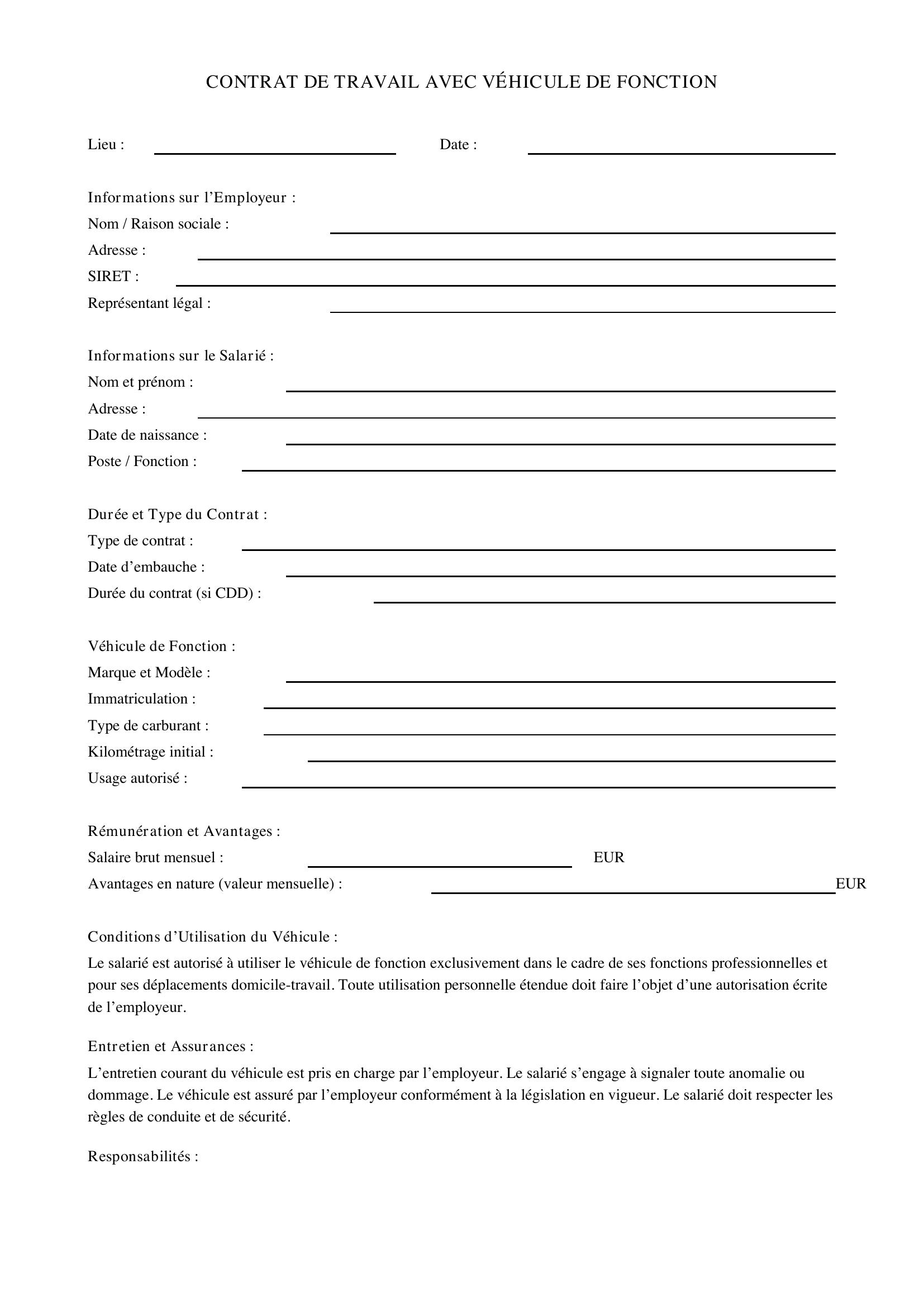 Modèle Contrat De Travail Avec Voiture De Fonction