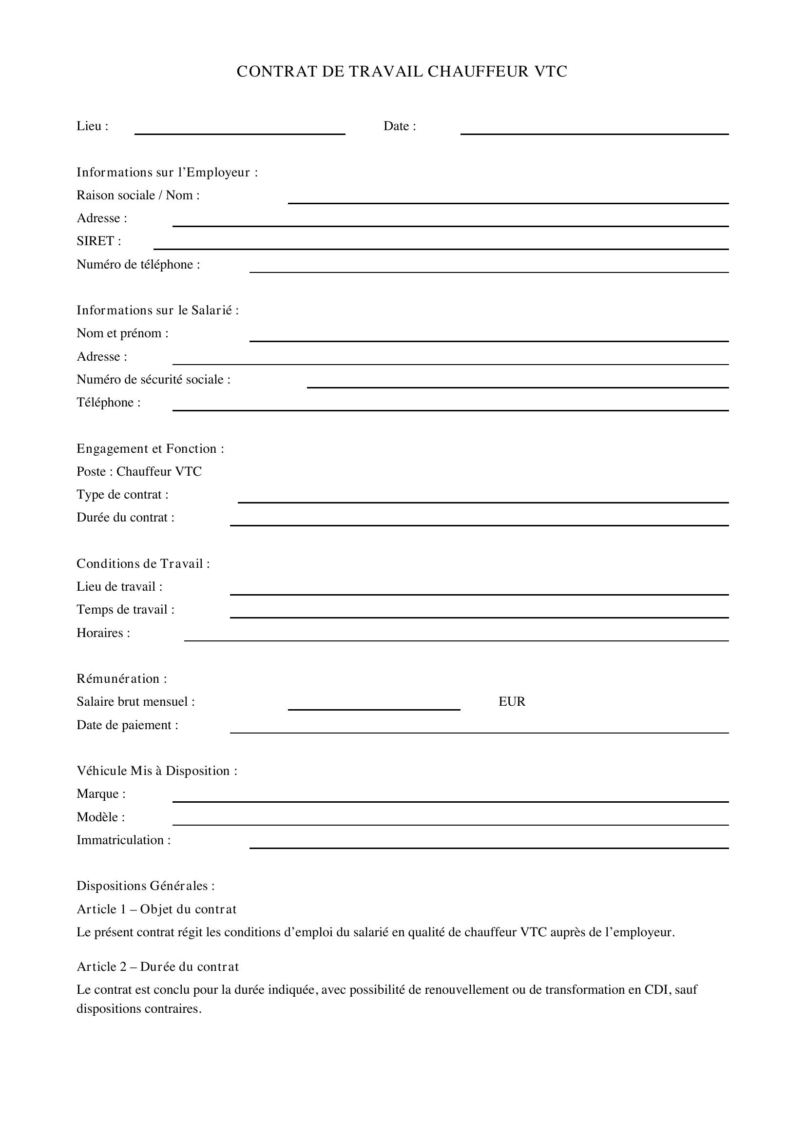Modèle Contrat De Travail Chauffeur Vtc