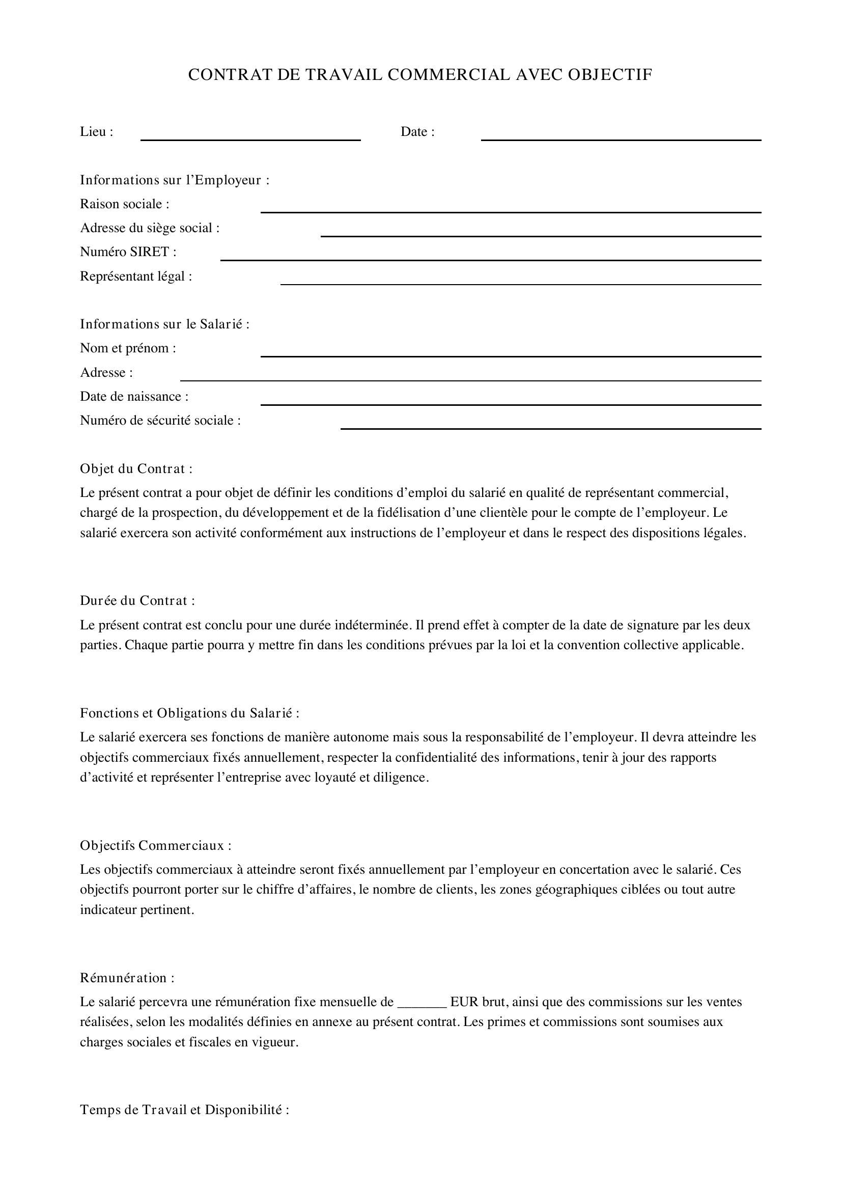 Modèle Contrat De Travail Commercial Avec Objectif
