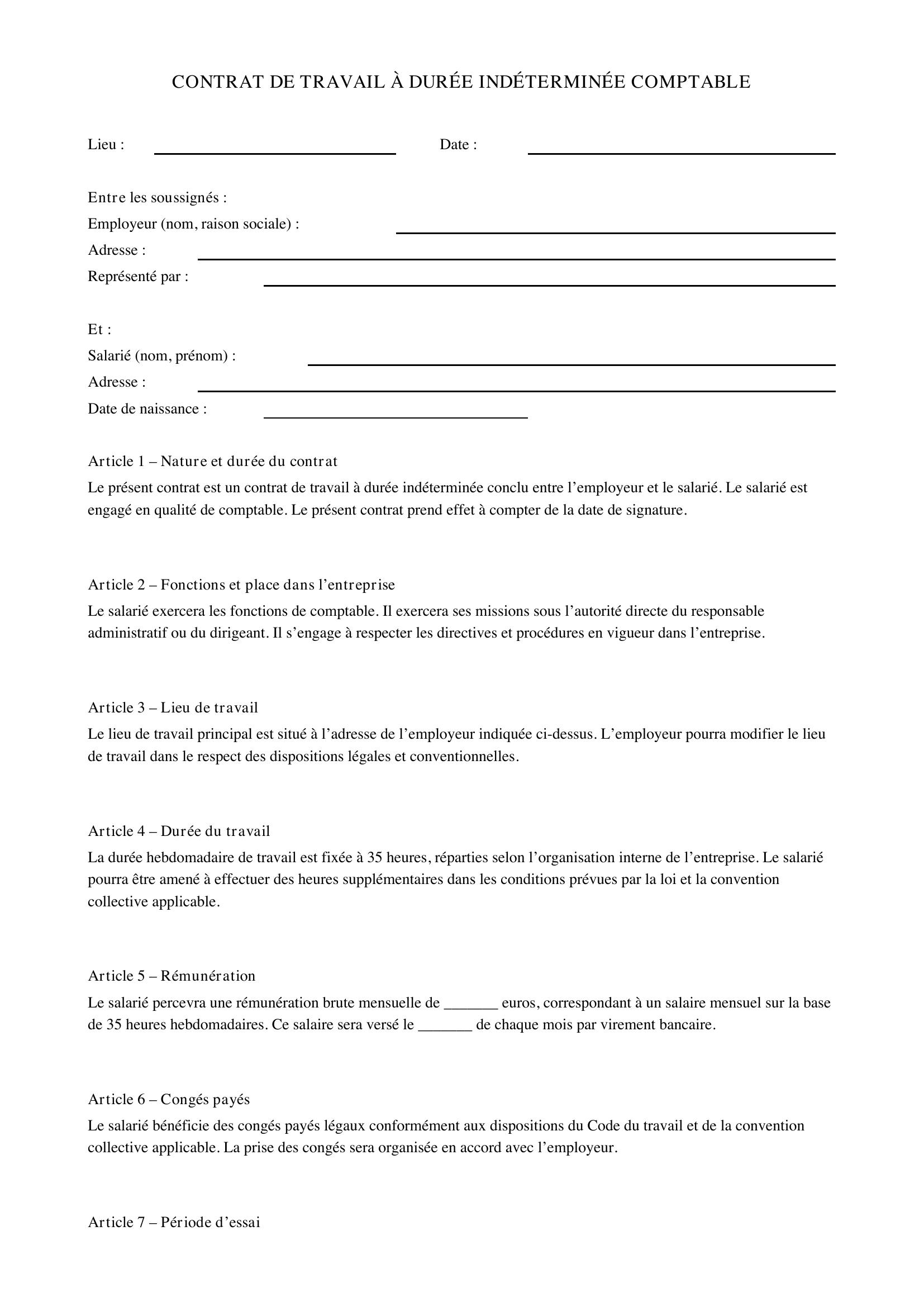 Modèle Contrat De Travail Comptable