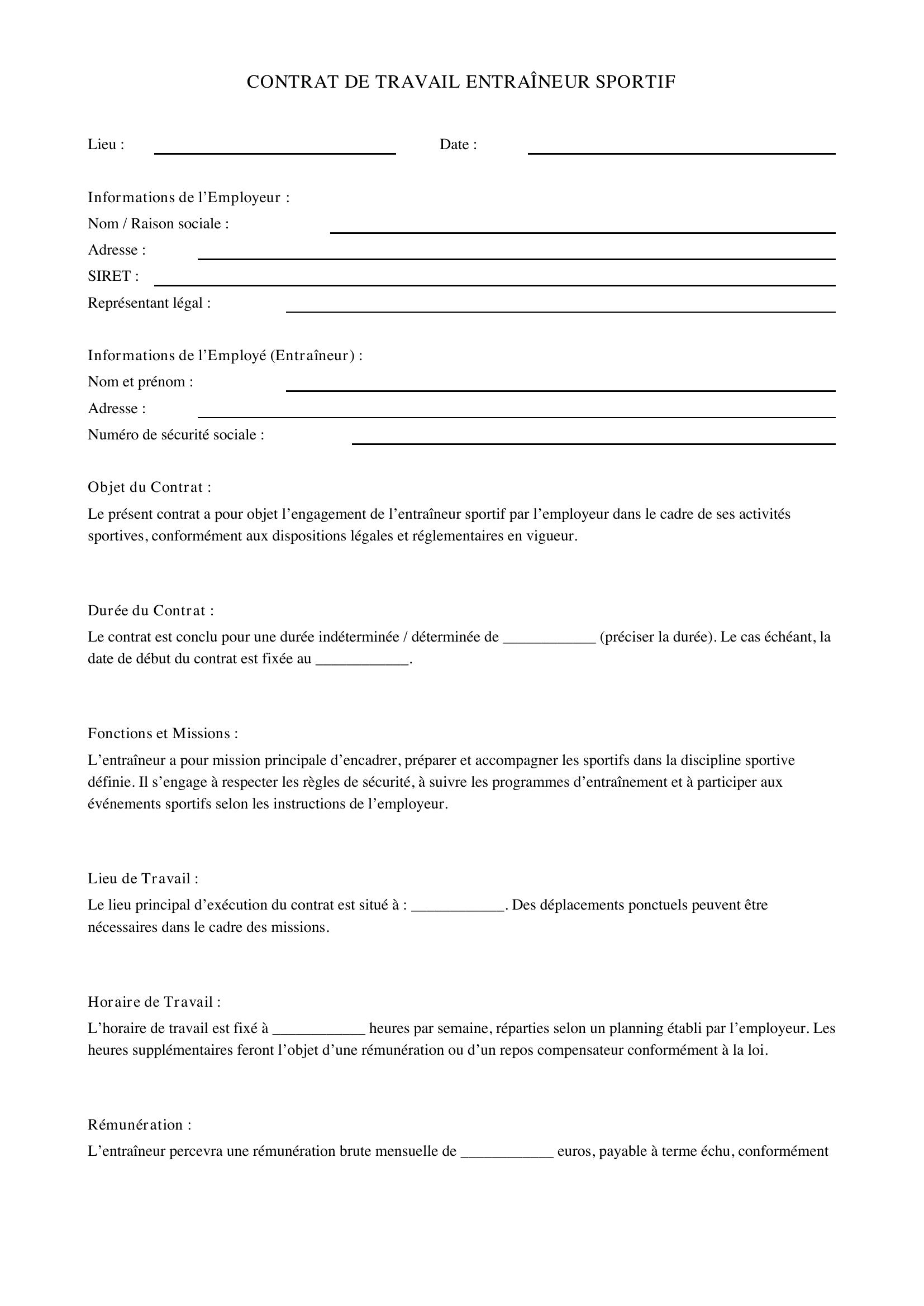 Modèle Contrat De Travail Entraîneur Sportif