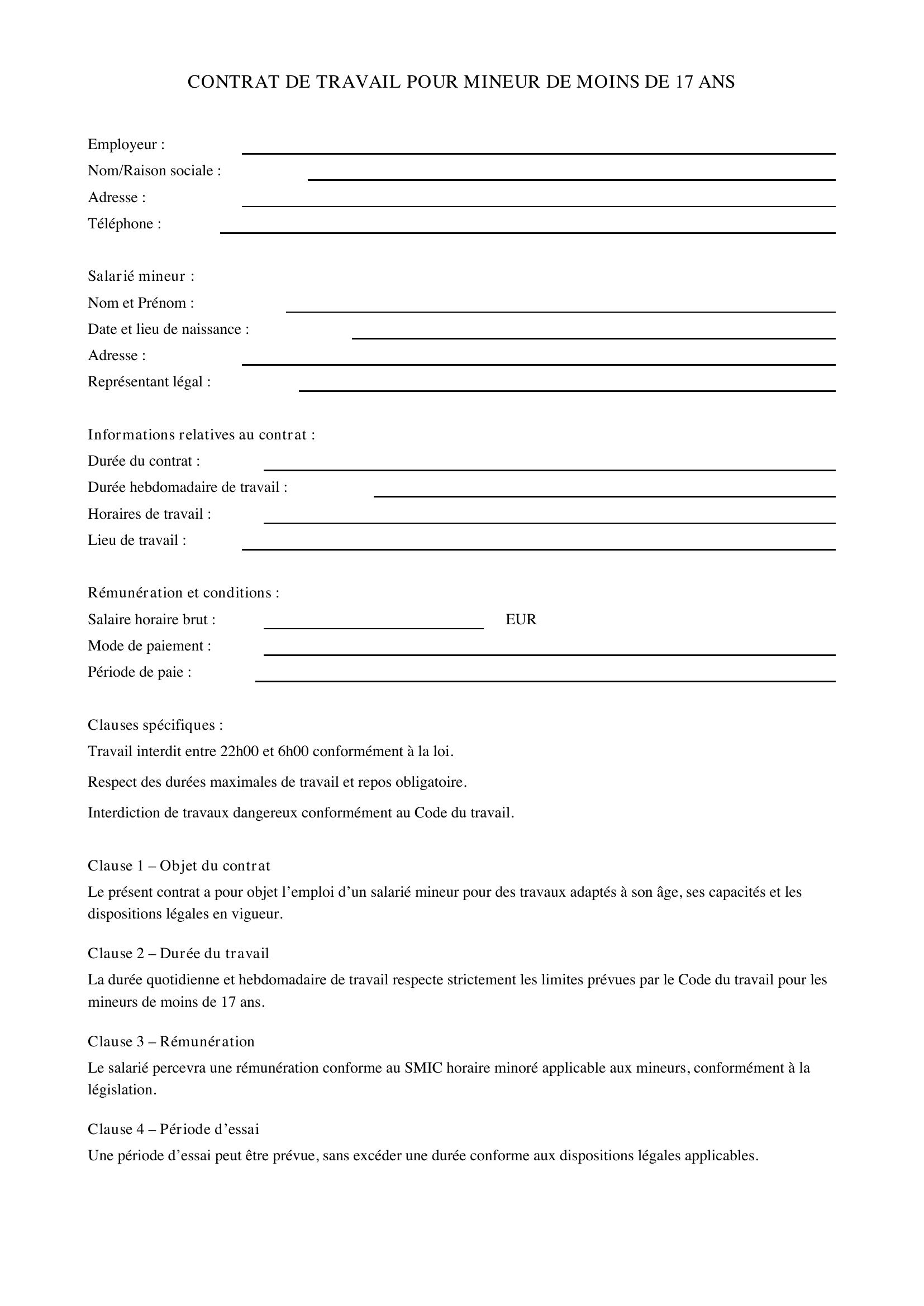 Modèle Contrat De Travail Mineur 17 Ans