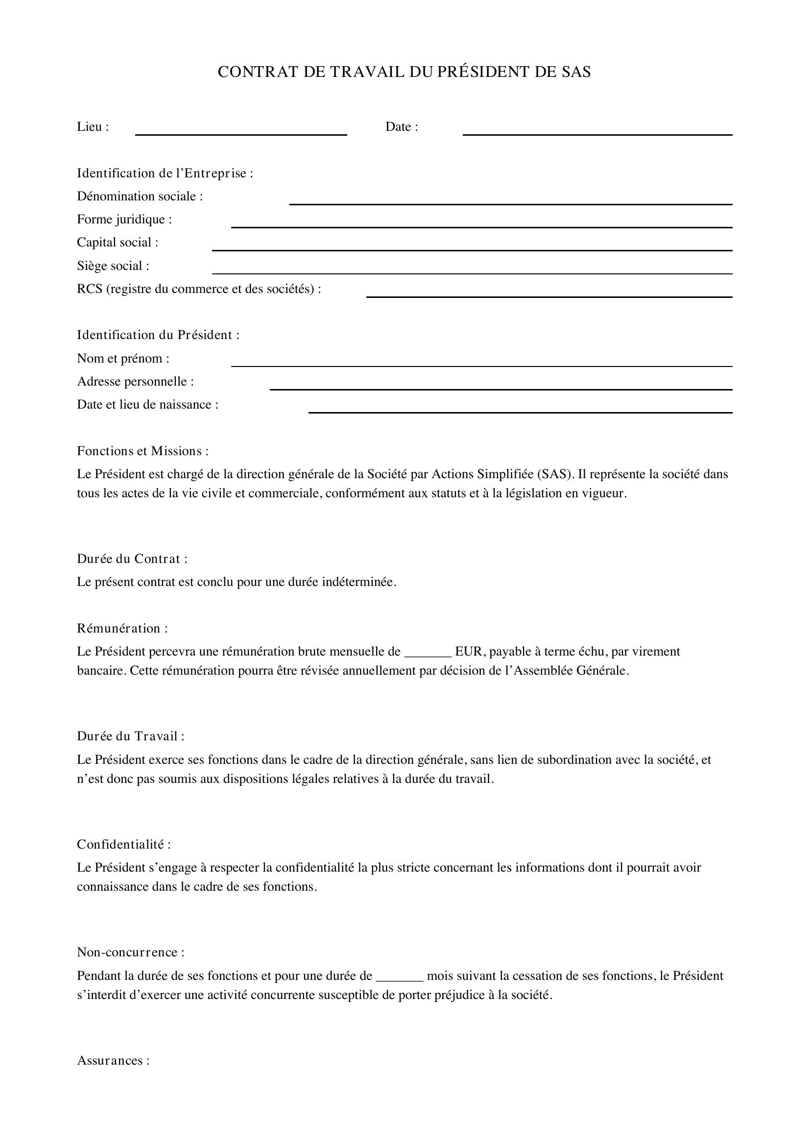 Modèle Contrat De Travail Président Sas