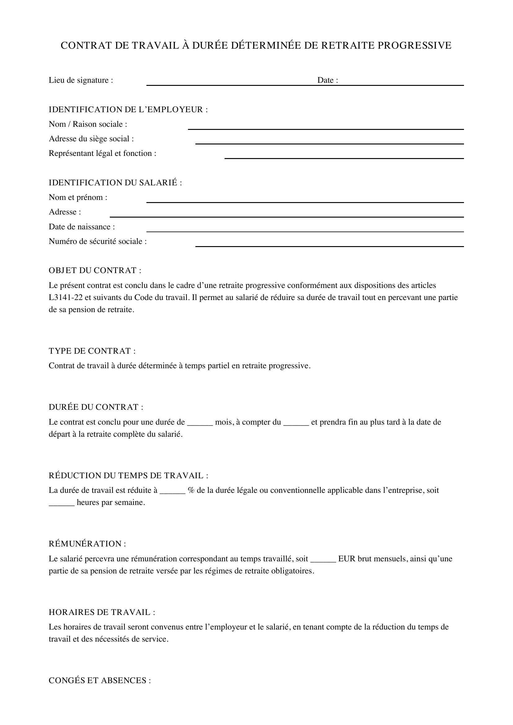 Modèle Contrat De Travail Retraite Progressive