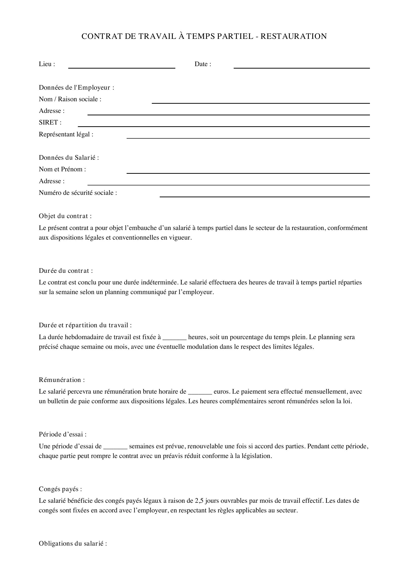 Modèle Contrat De Travail Temps Partiel Restauration