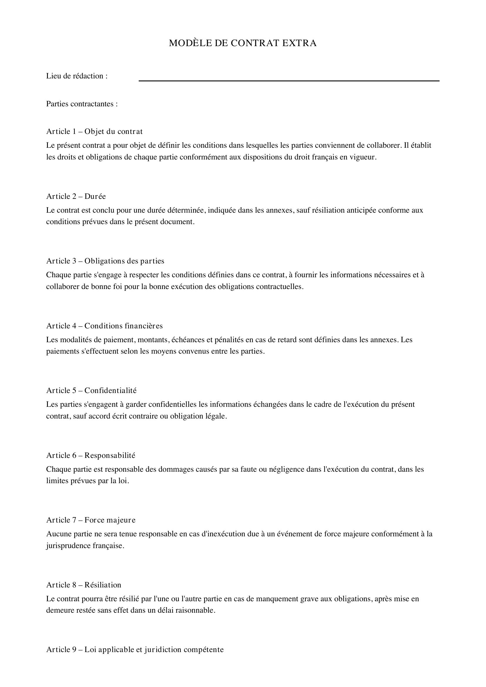 Modèle Contrat Extra