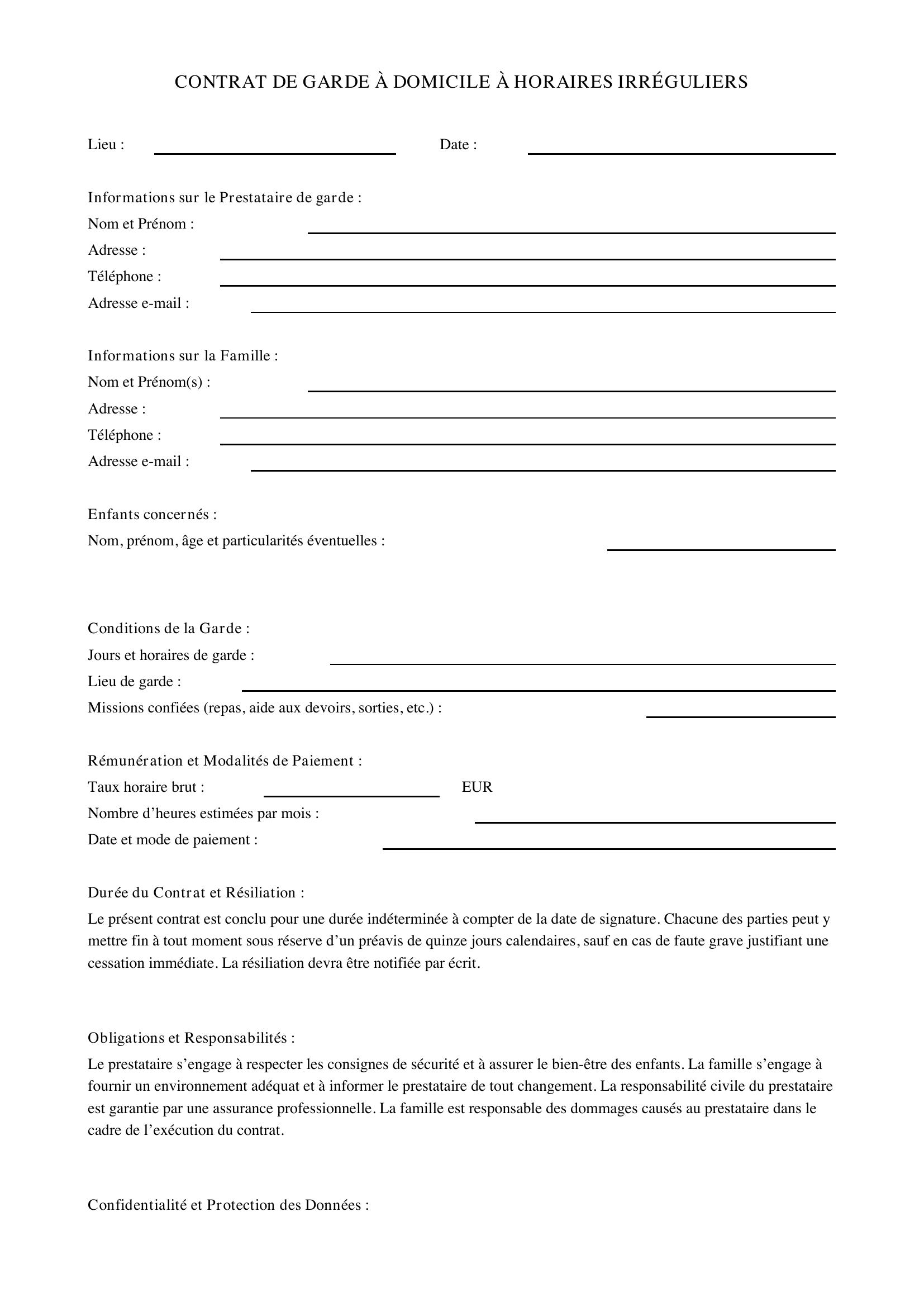 Modèle Contrat Garde À Domicile Horaires Irréguliers
