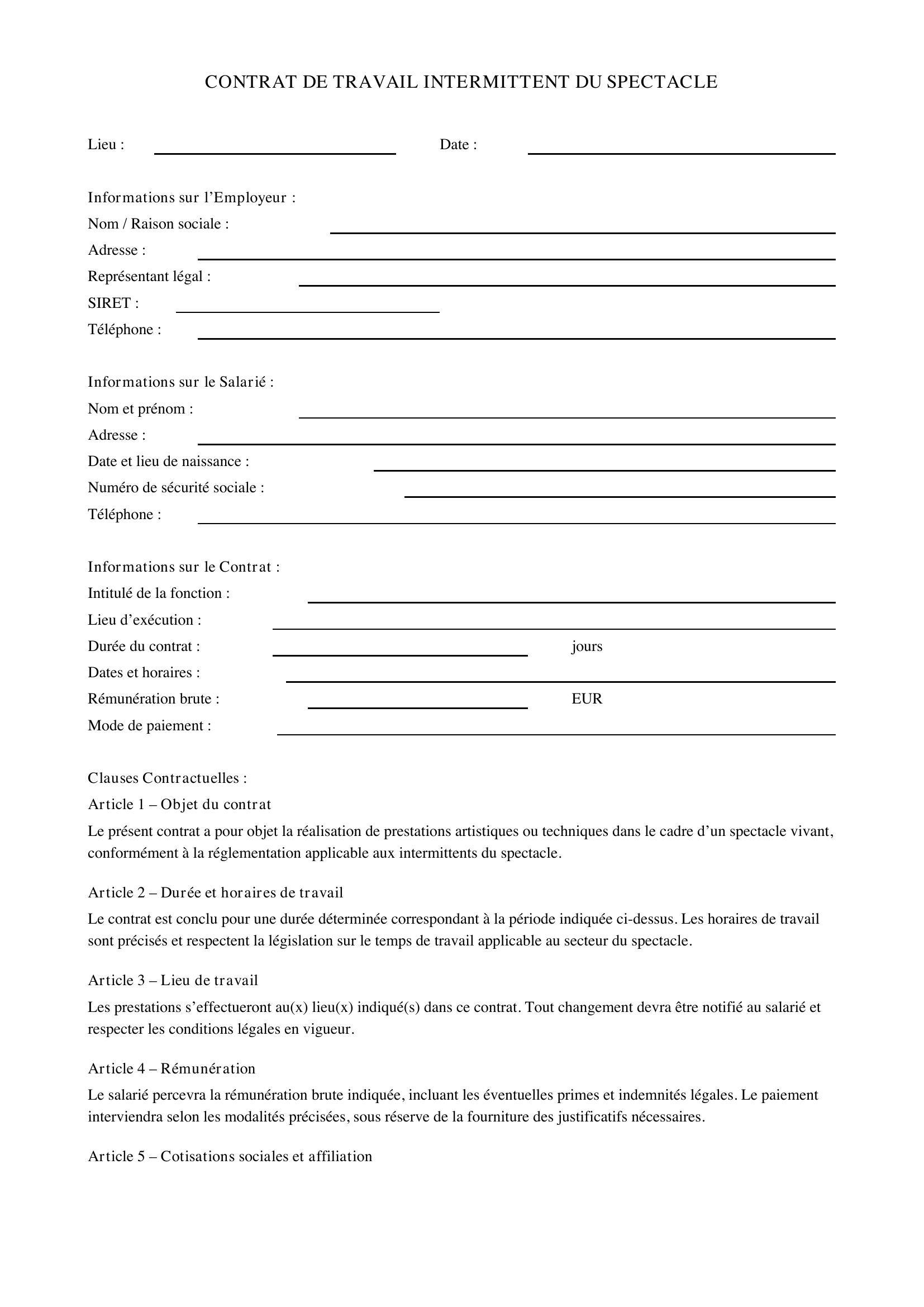 Modèle Contrat Intermittent Du Spectacle