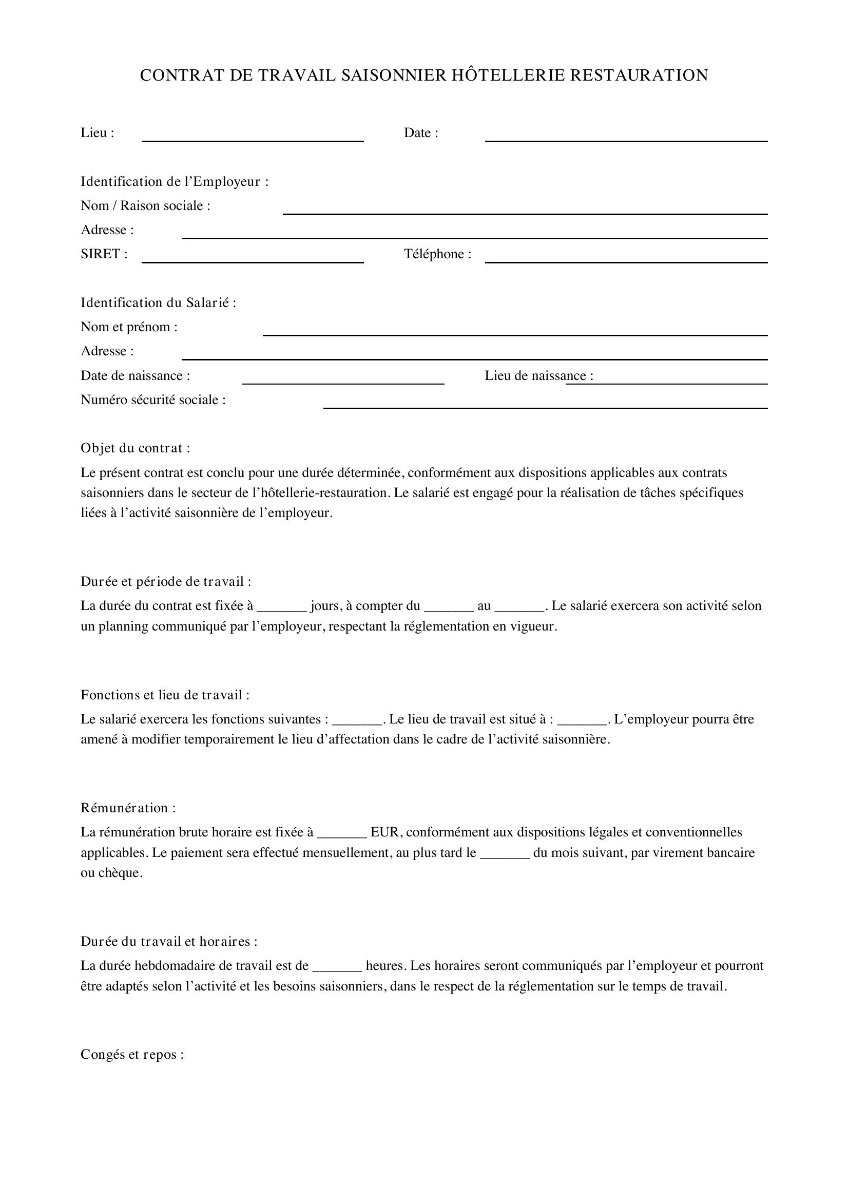 Modèle Contrat Saisonnier Hôtellerie Restauration