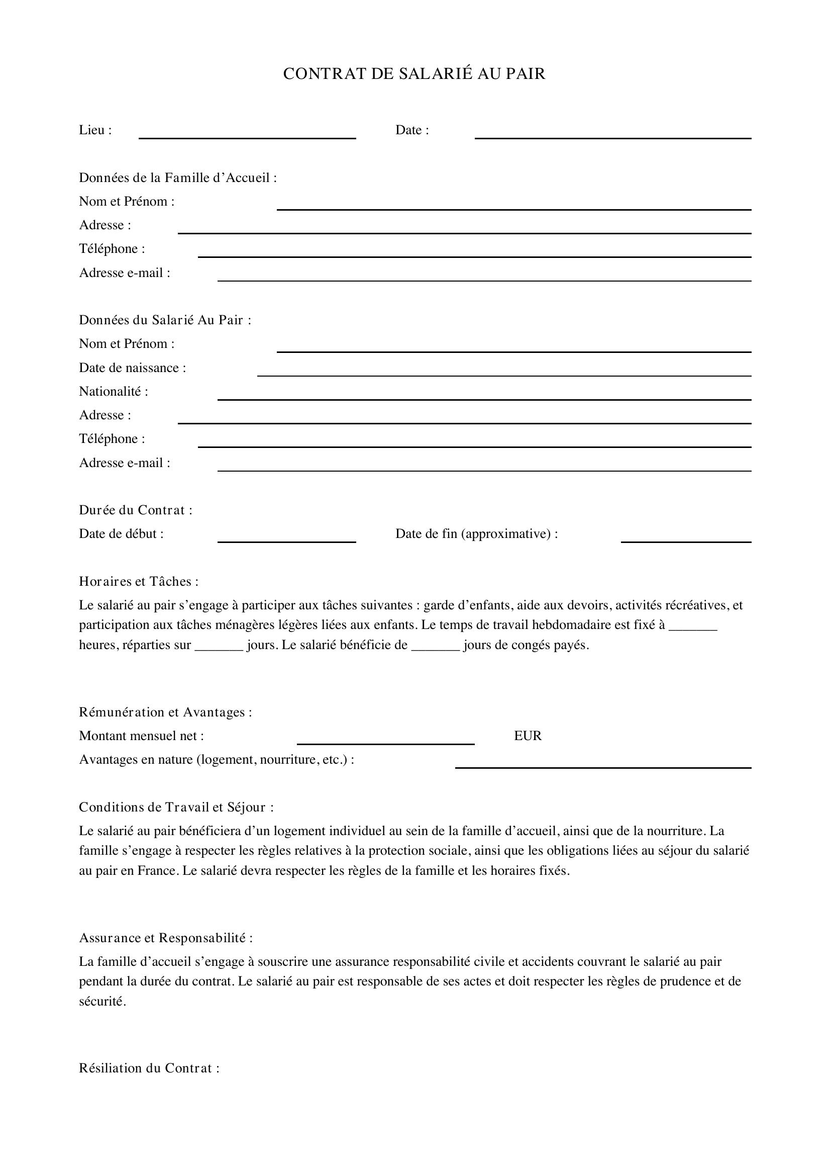 Modèle Contrat Salarié Au Pair