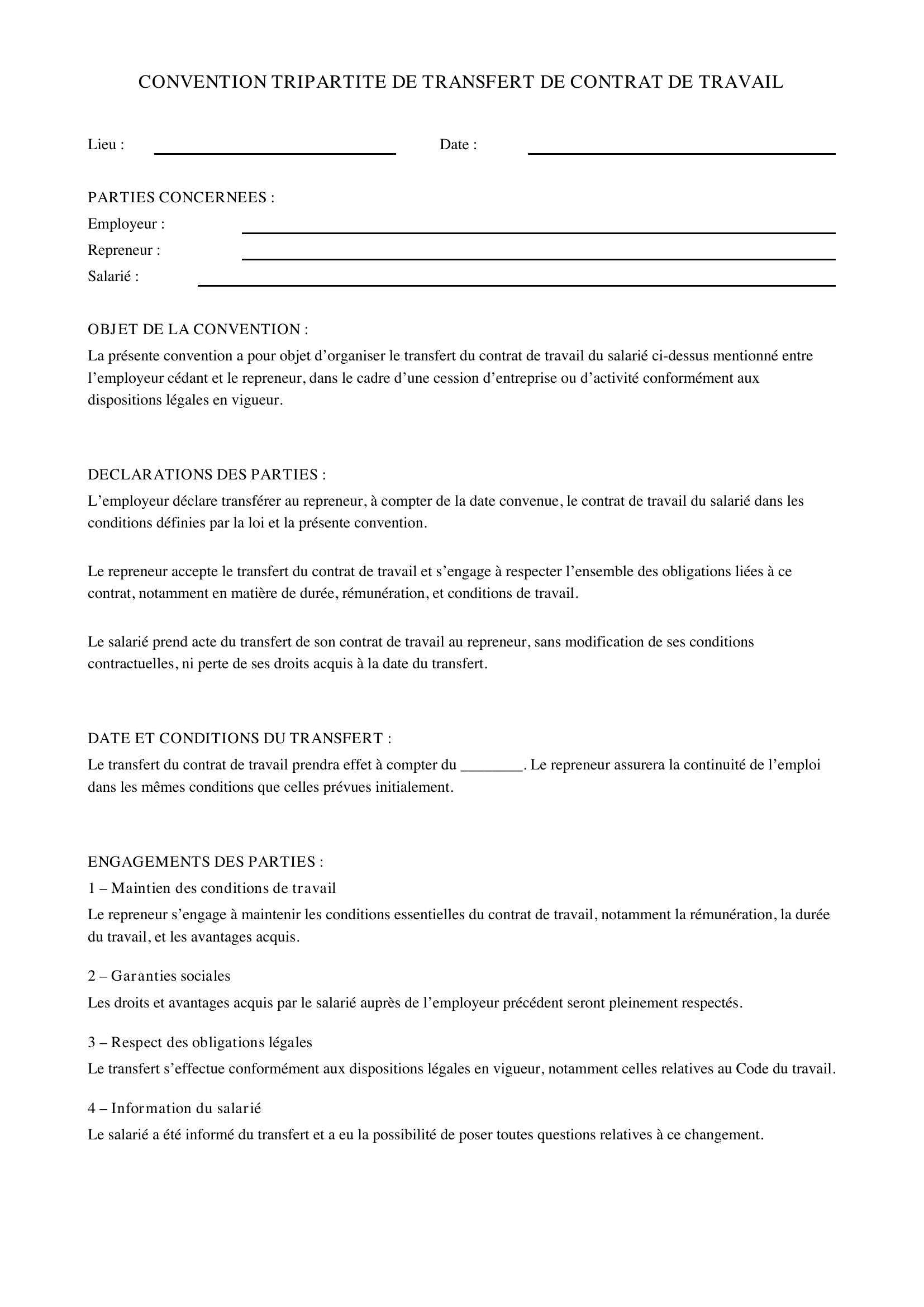 Modèle Convention Tripartite Transfert De Contrat De Travail