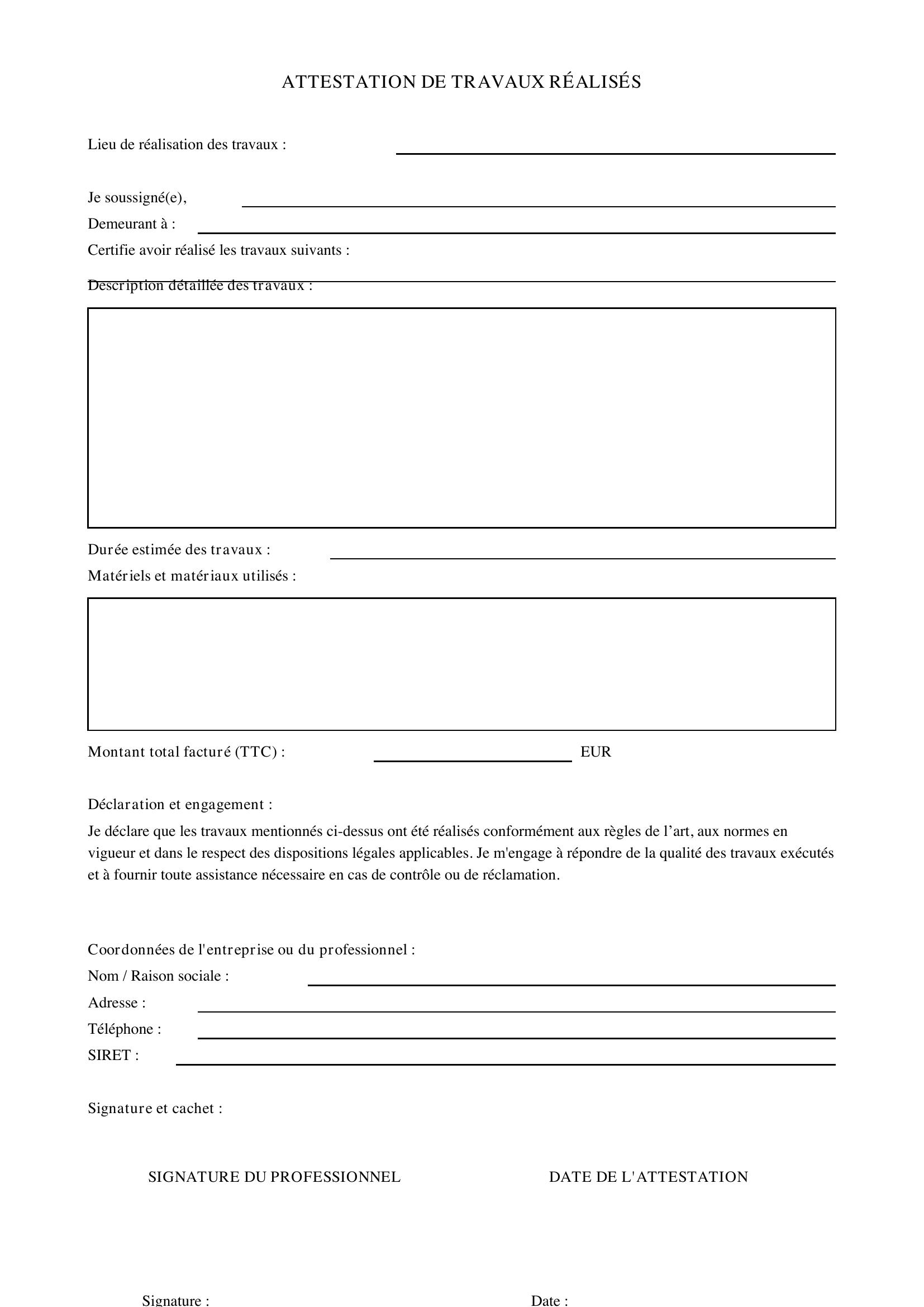 Modèle D'Attestation De Travaux Réalisés