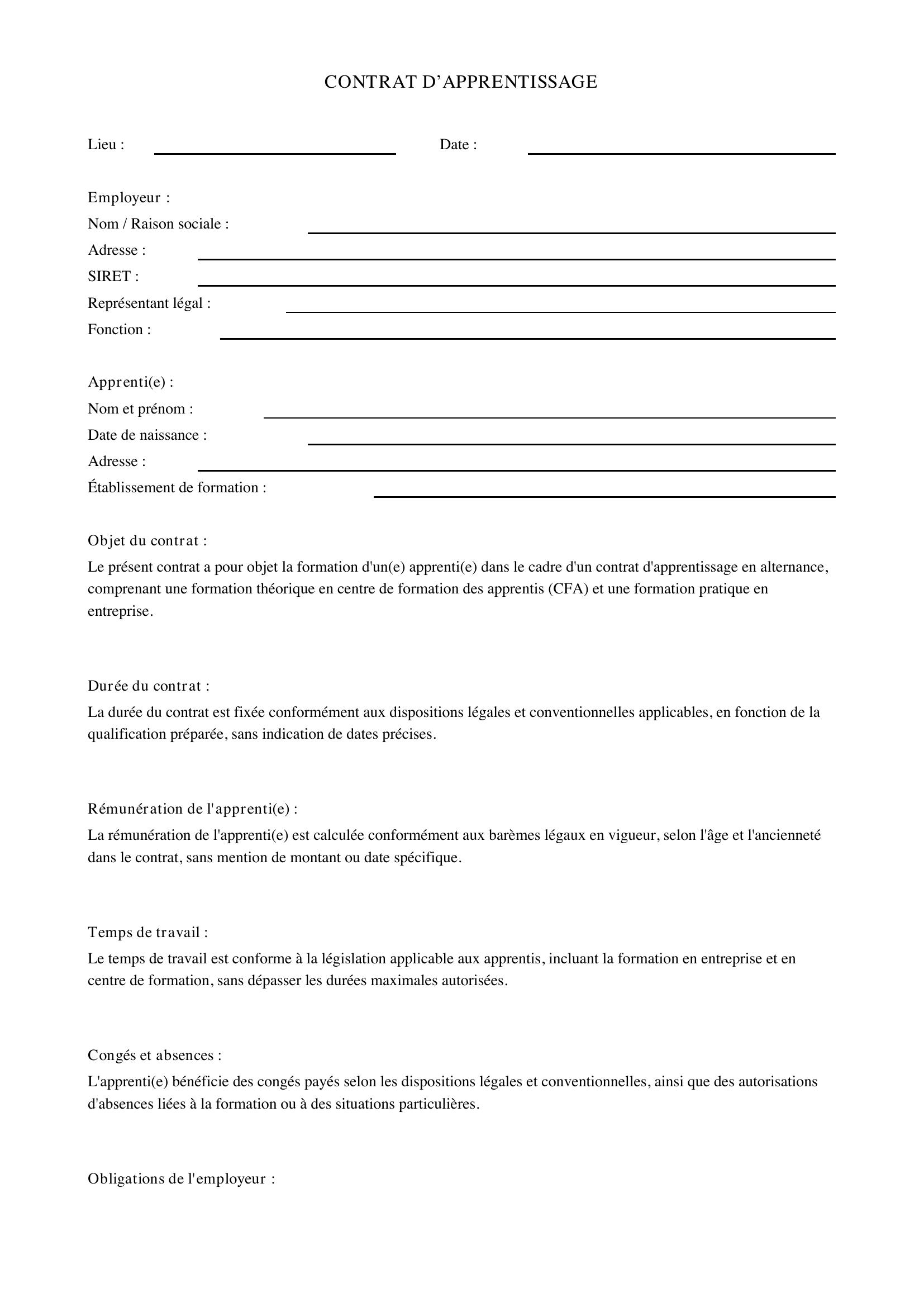 Modèle De Contrat D'Apprentissage