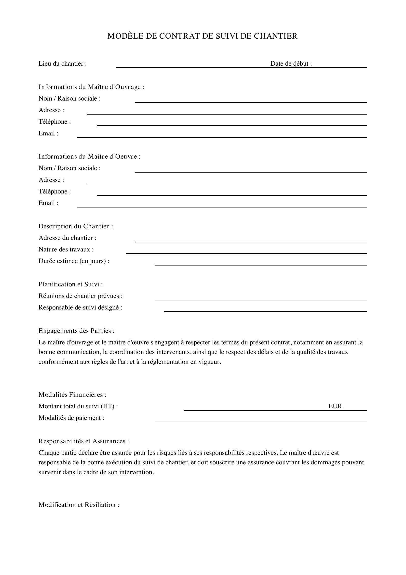 Modèle De Contrat De Suivi De Chantier