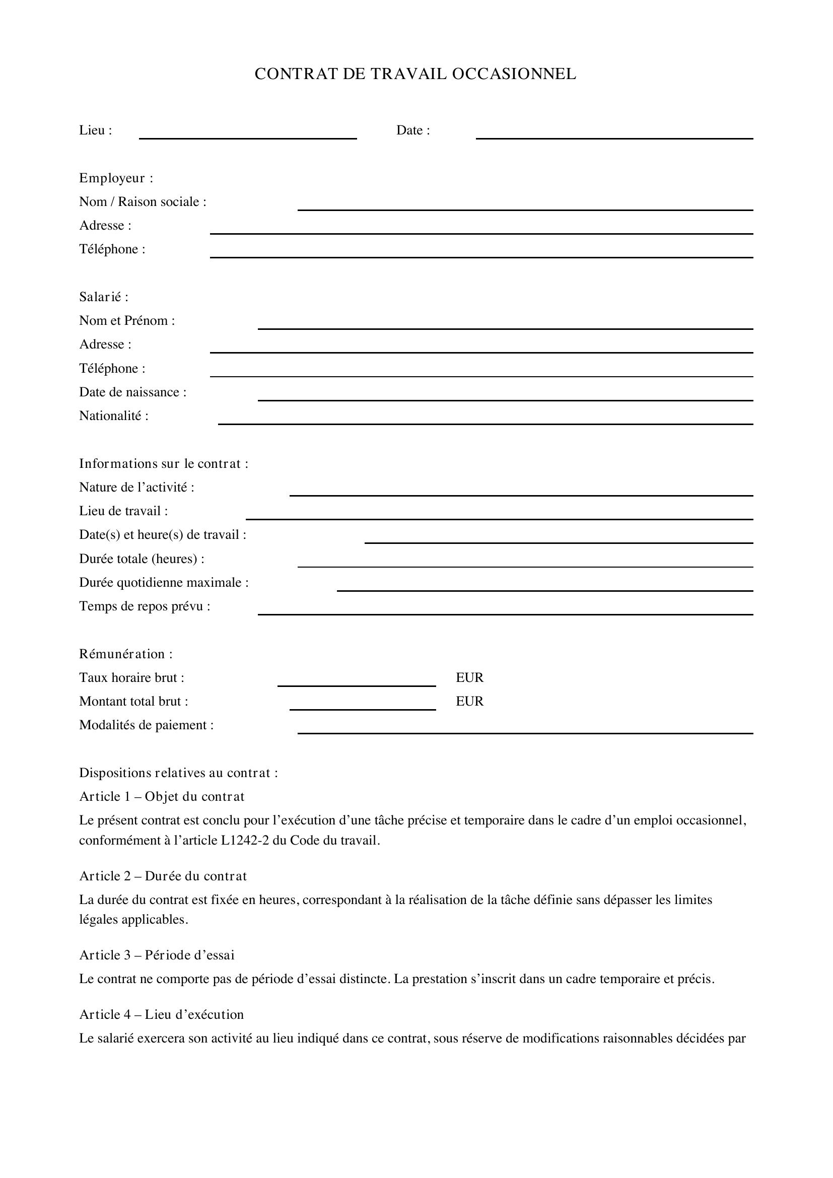 Modèle De Contrat De Travail Occasionnel