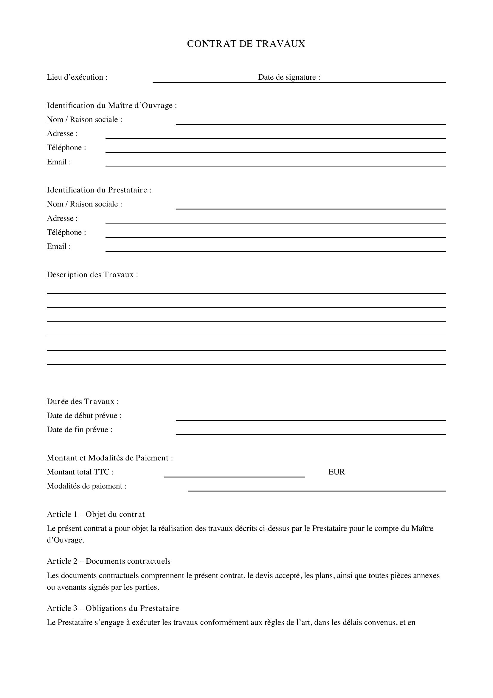 Modèle De Contrat De Travaux
