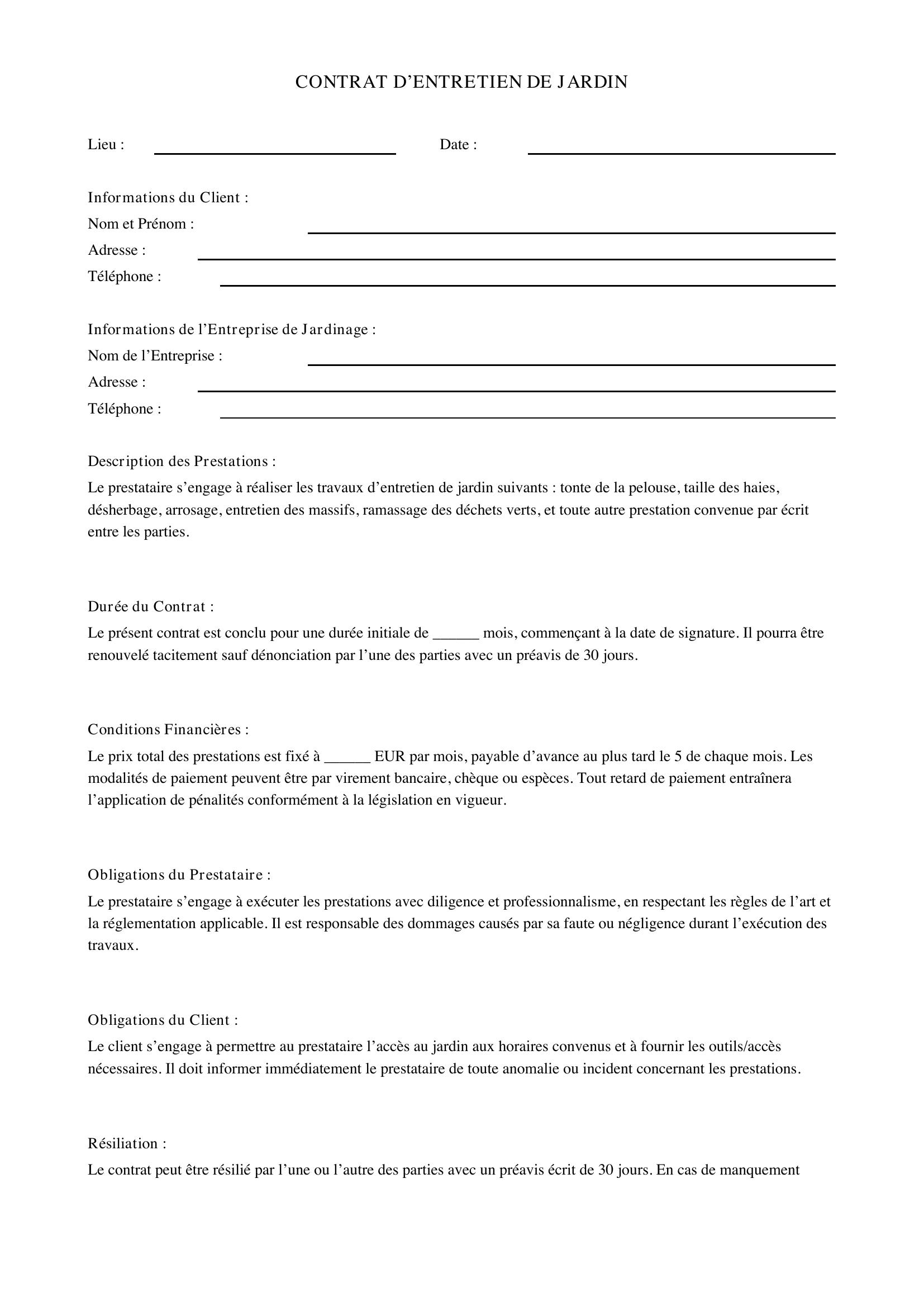 Modèle De Contrat D'Entretien Jardin