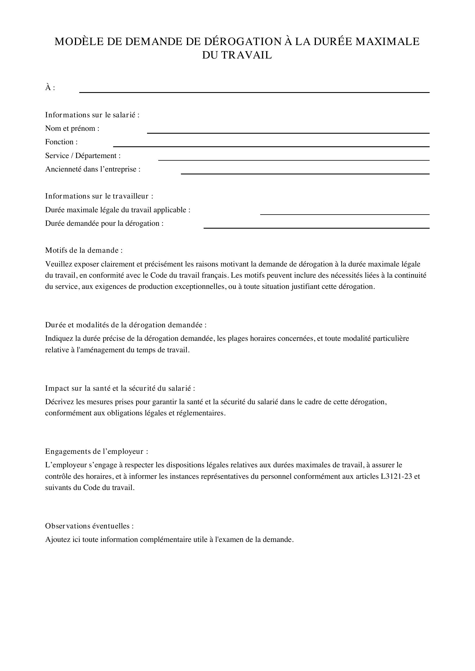 Modèle De Demande De Dérogation À La Durée Maximale Du Travail