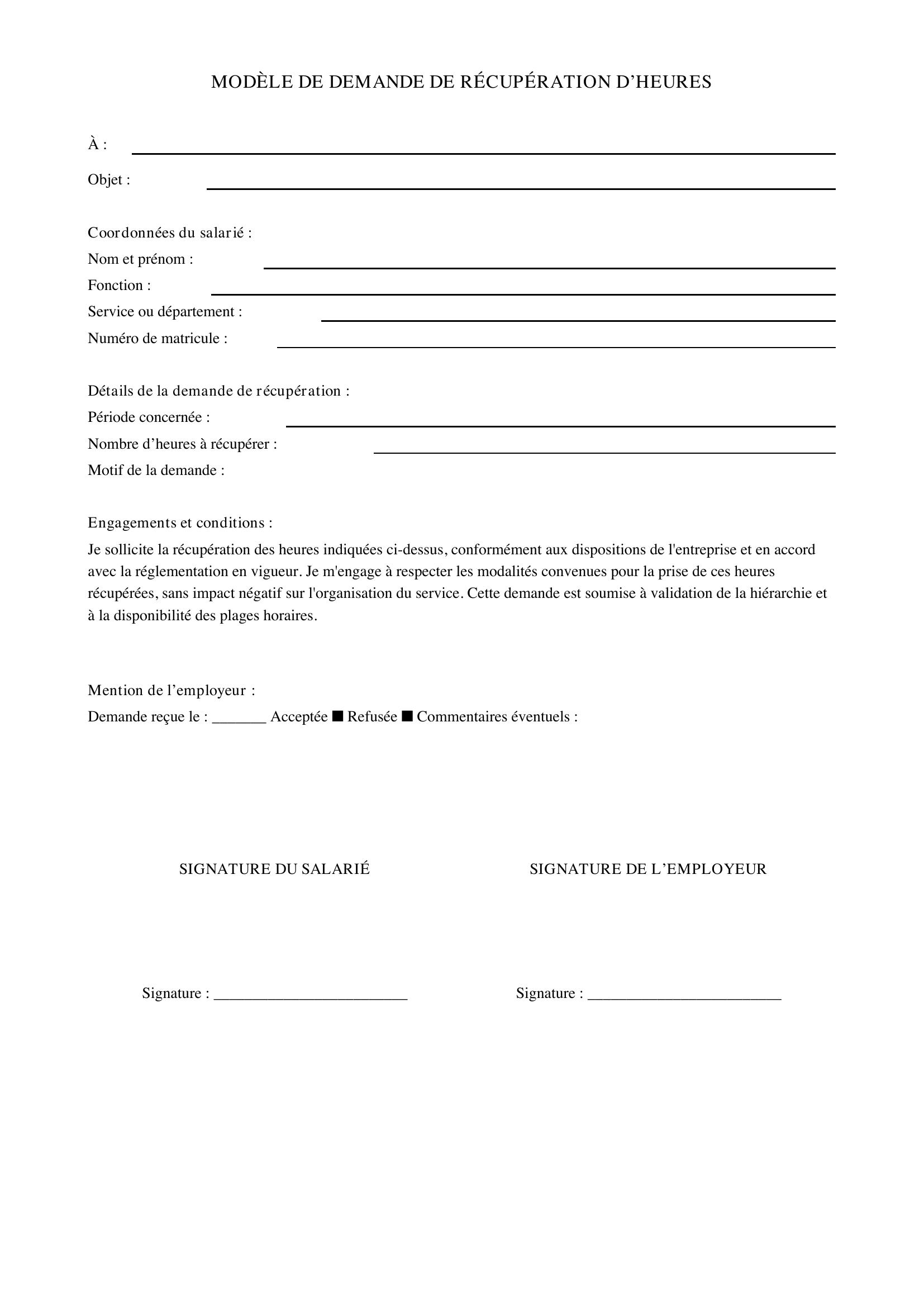 Modèle De Demande De Récupération D'Heures