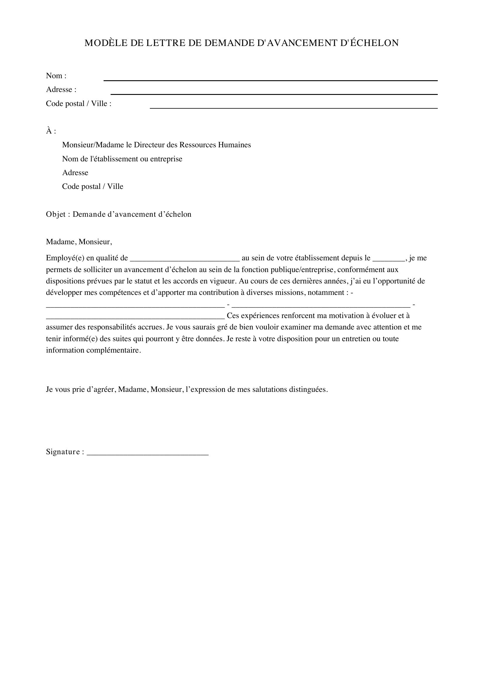 Modèle De Lettre De Demande D'Avancement D'Échelon