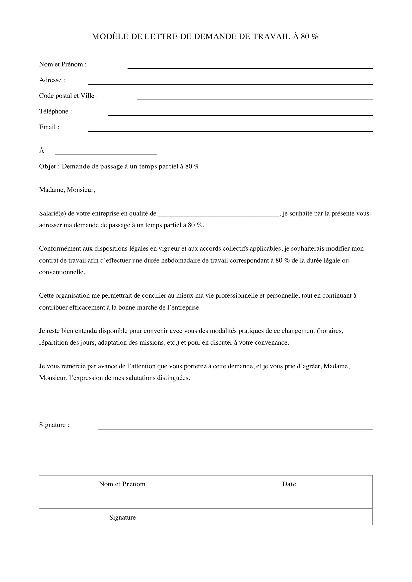 Modèle De Lettre De Demande De Travail À 80 Pour Cent