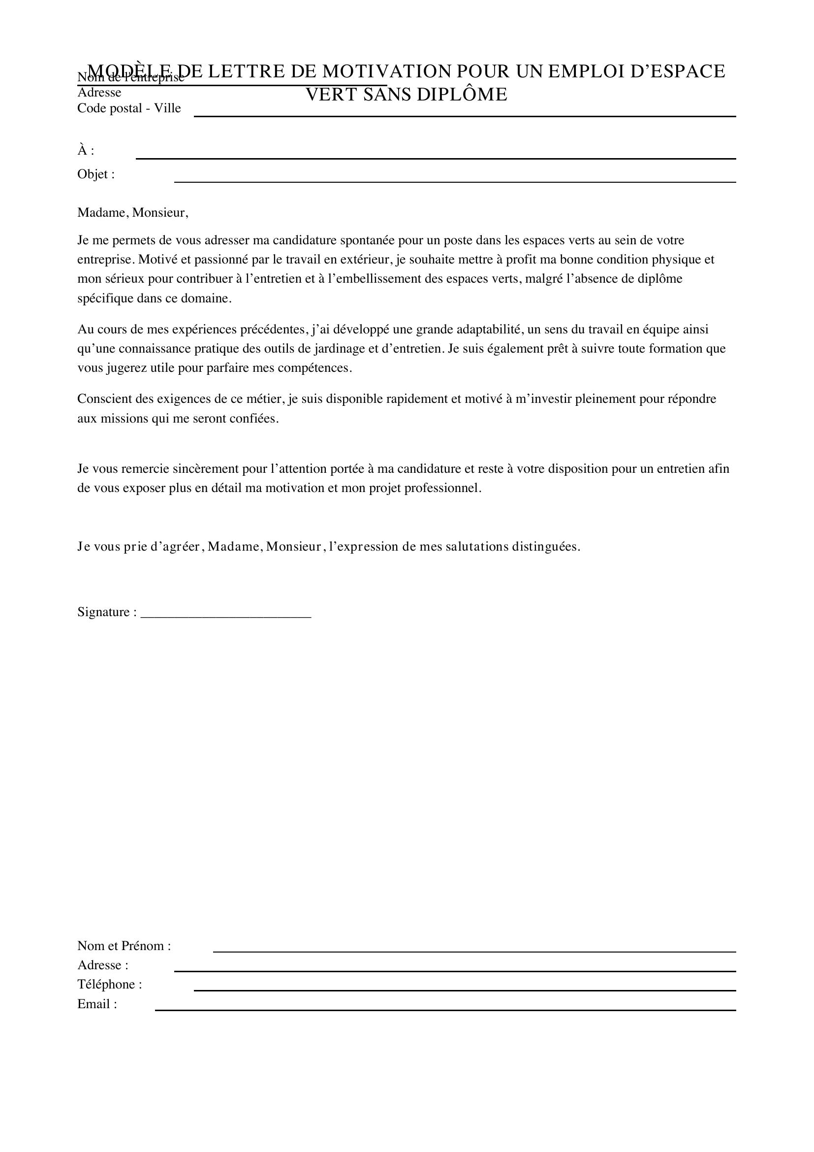 Modèle De Lettre De Motivation Espace Vert Sans Diplôme