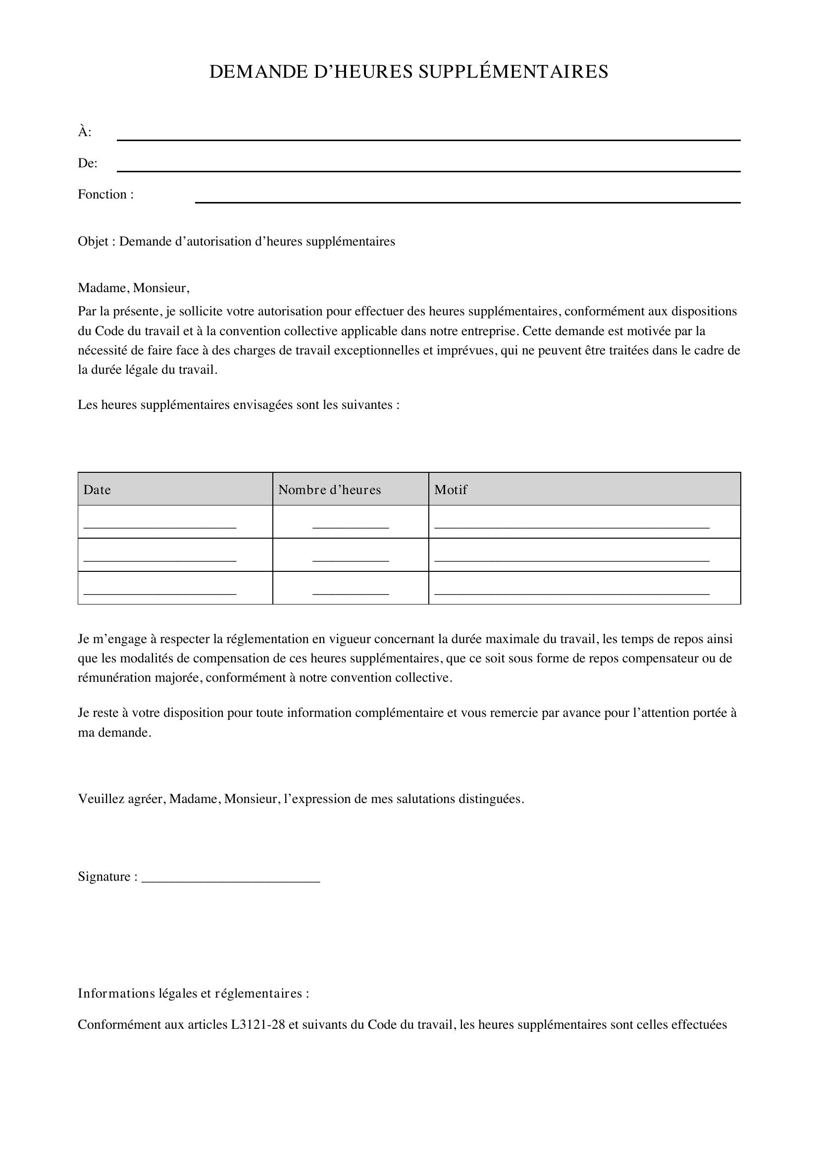 Modele De Lettre Demande D'Heure Supplémentaire