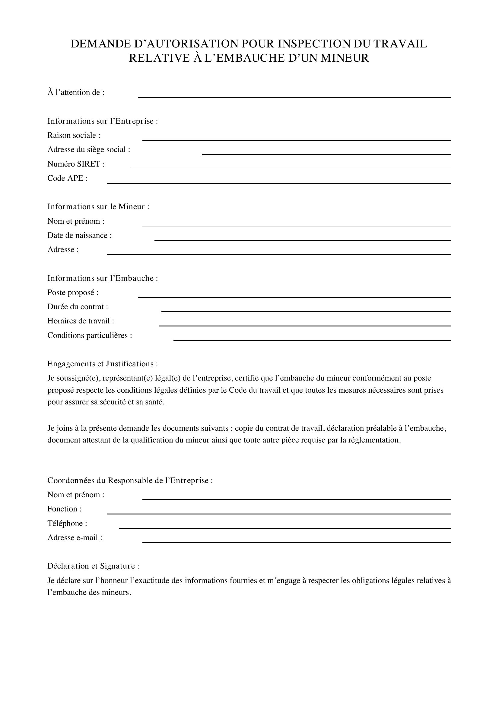 Modèle Demande Autorisation Inspection Du Travail Embauche Mineur