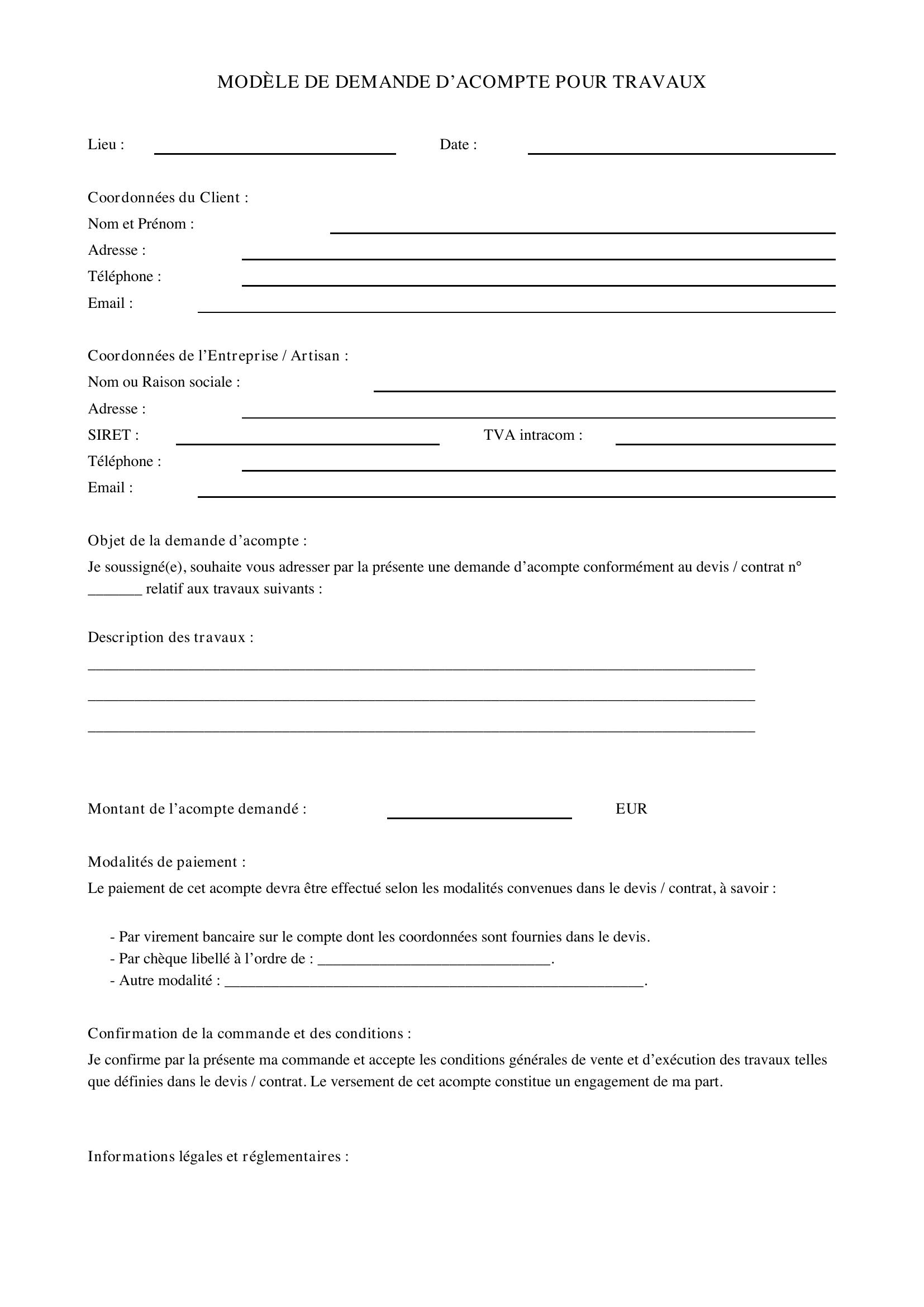 Modele Demande D'Acompte Pour Travaux