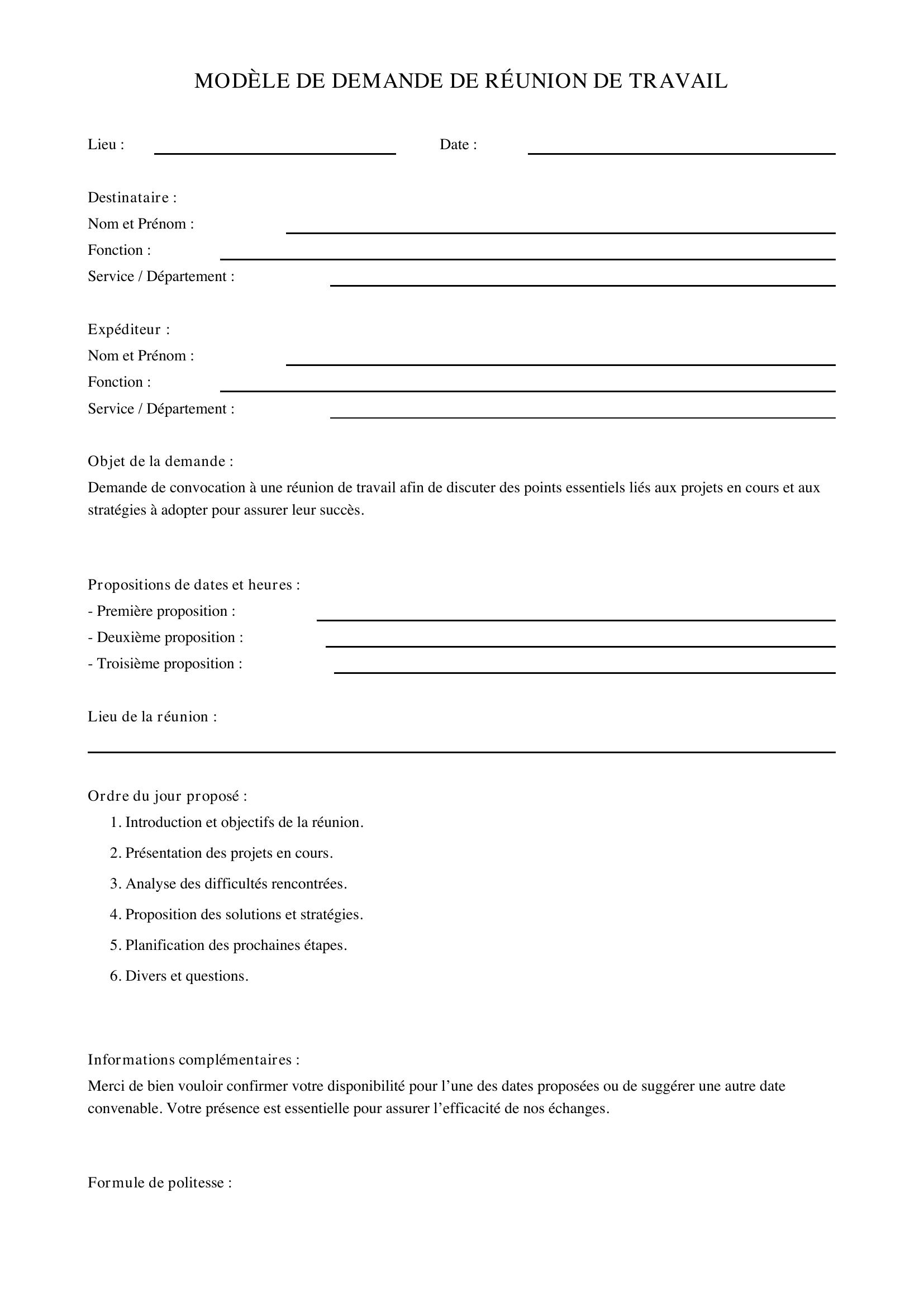 Modèle Demande De Réunion De Travail