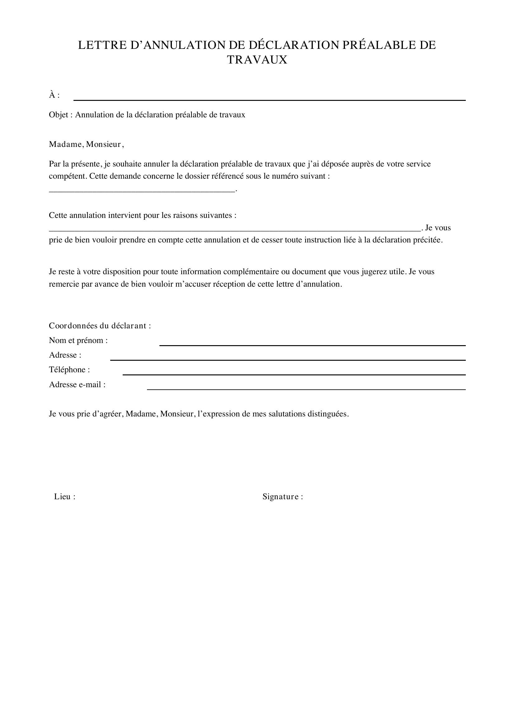 Modèle Lettre Annulation Déclaration Préalable Travaux