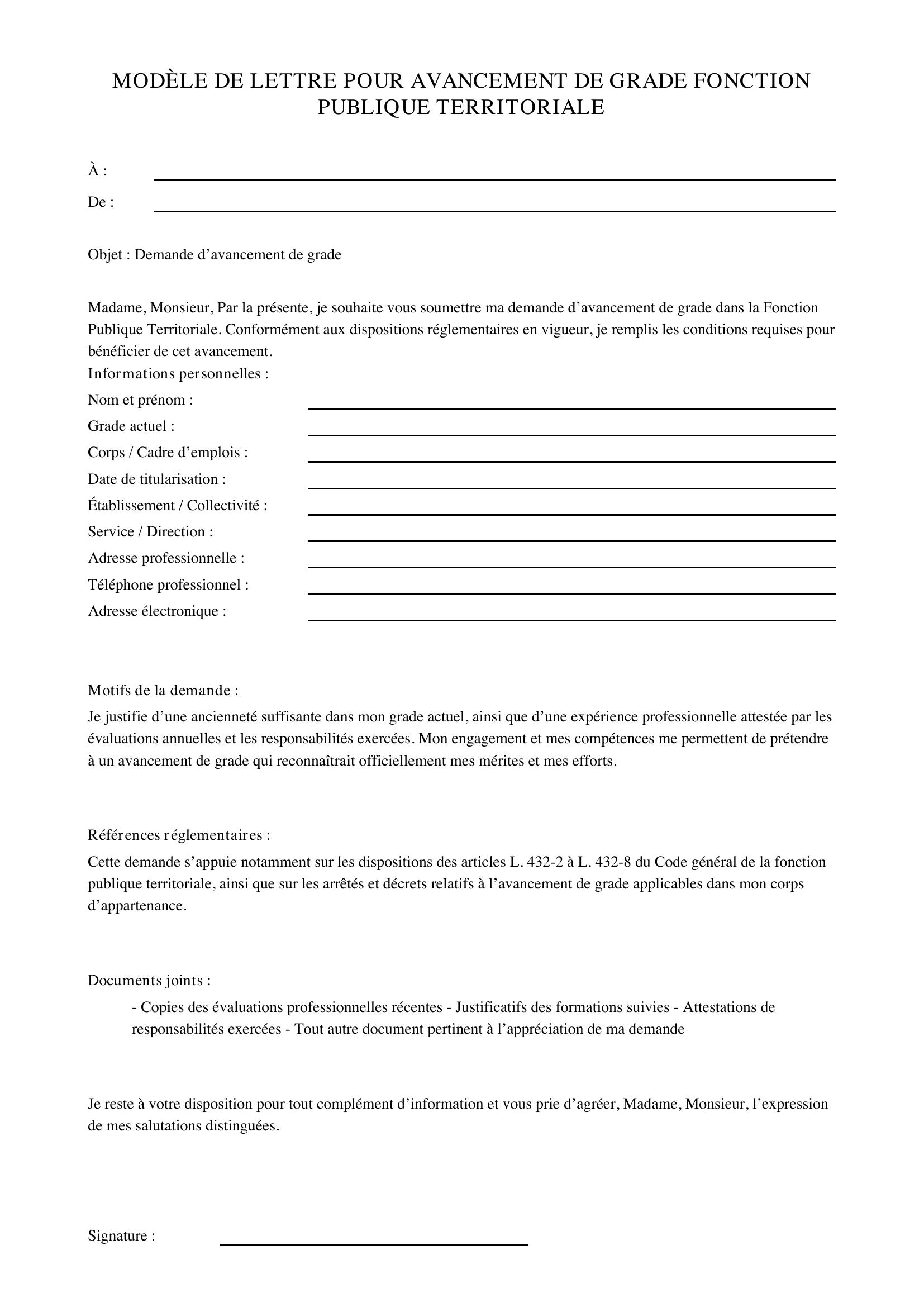Modèle Lettre Avancement De Grade Fonction Publique Territoriale