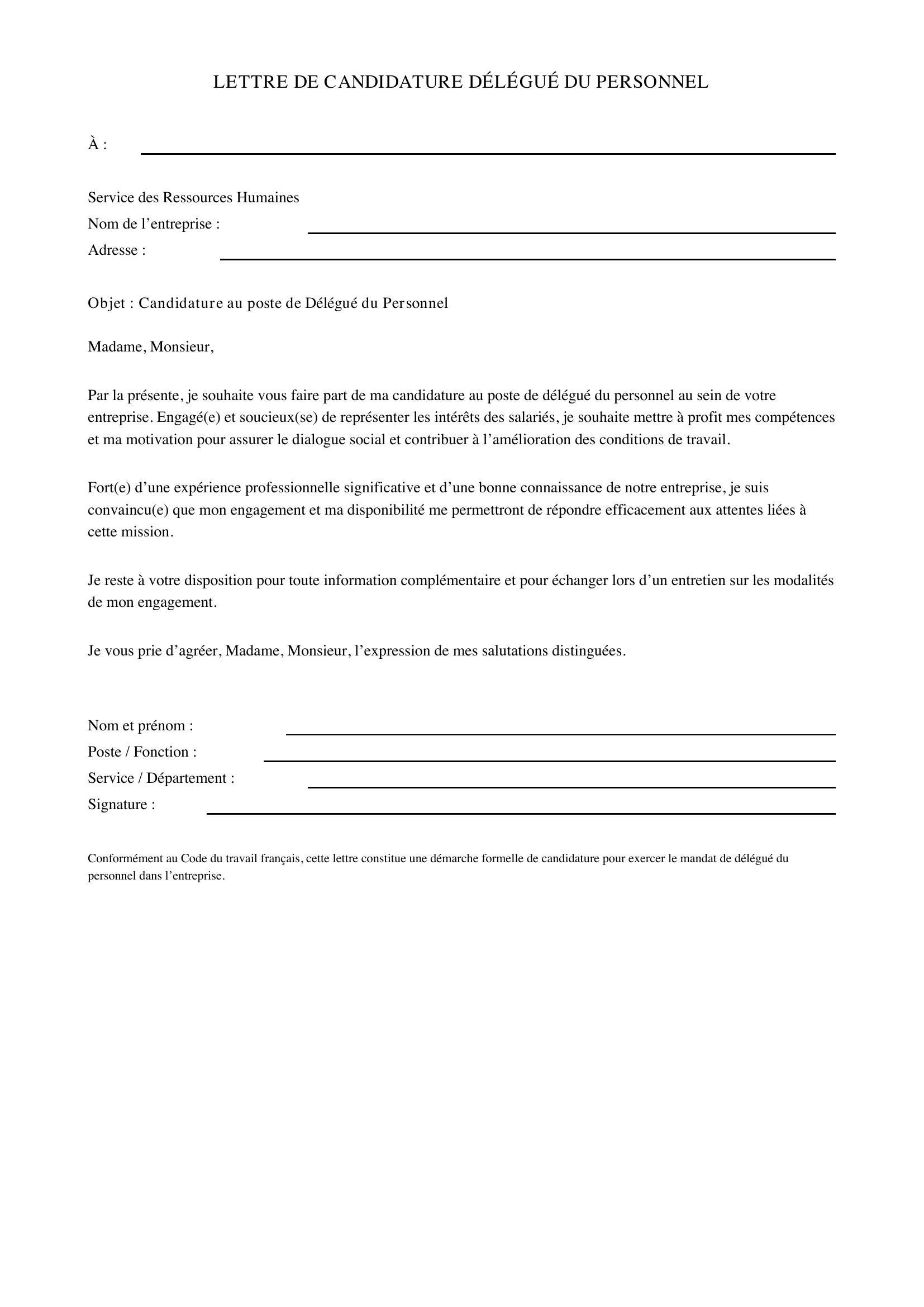 Modèle Lettre Candidature Délégué Du Personnel
