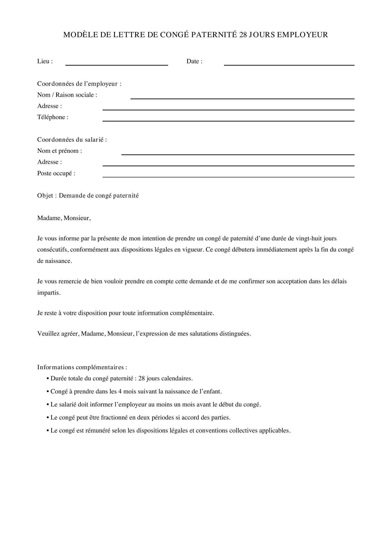 Modèle Lettre Congé Paternité 28 Jours Employeur