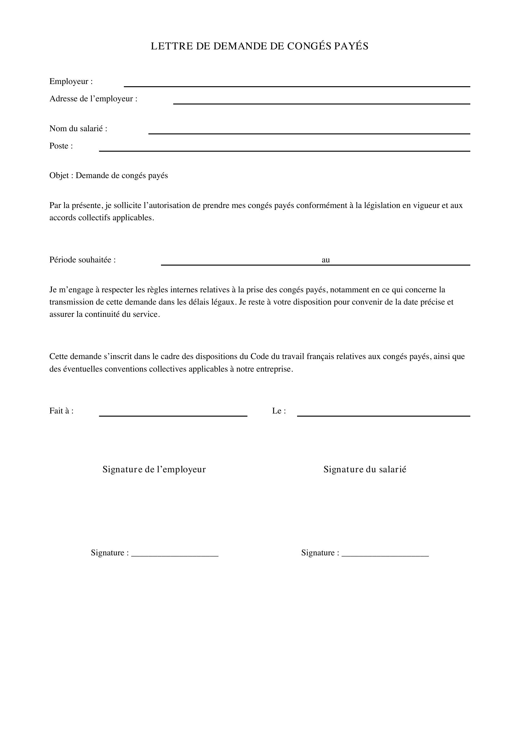 Modèle Lettre Congés Payés Employeur