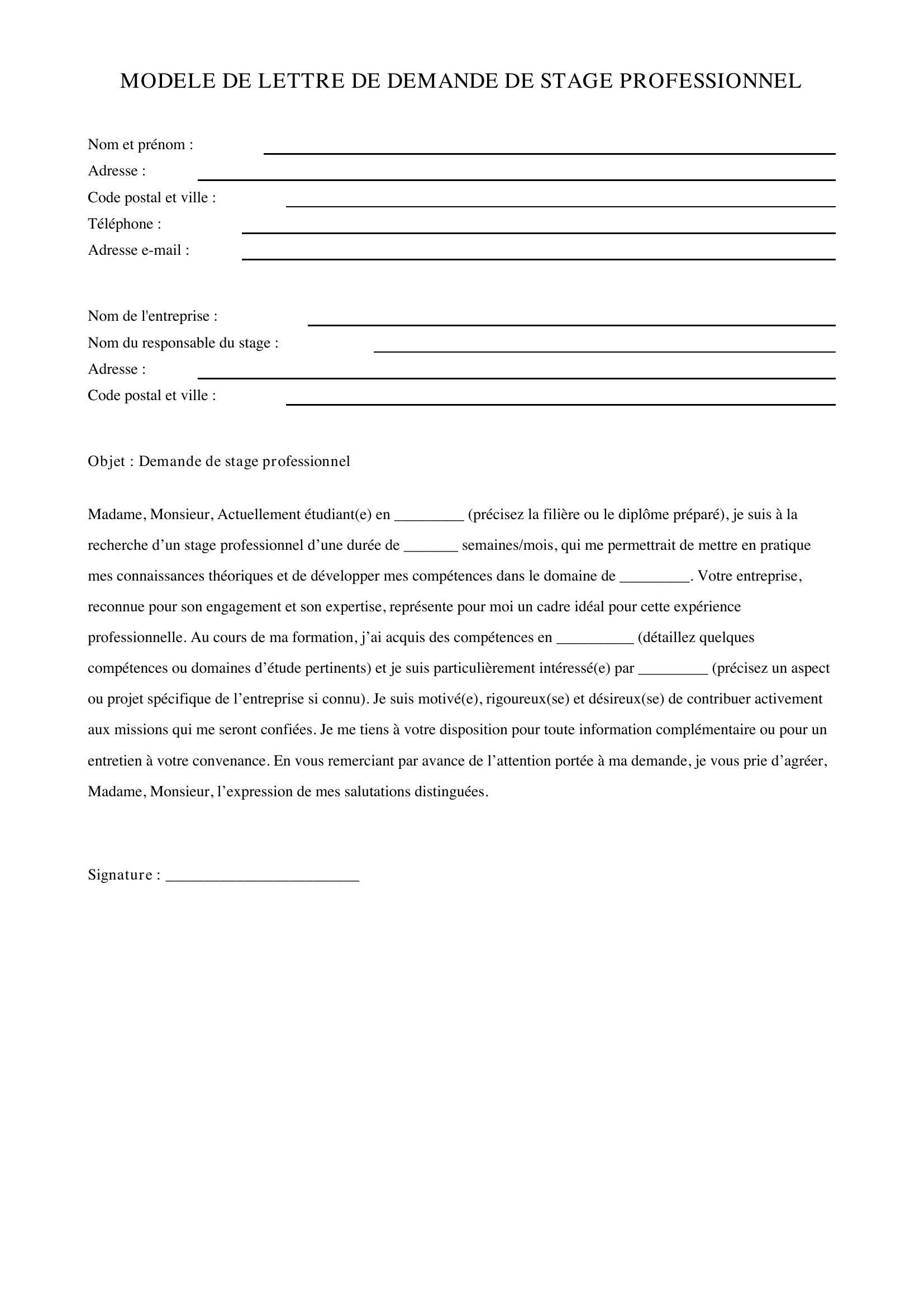Modèle Lettre De Demande De Stage Professionnel