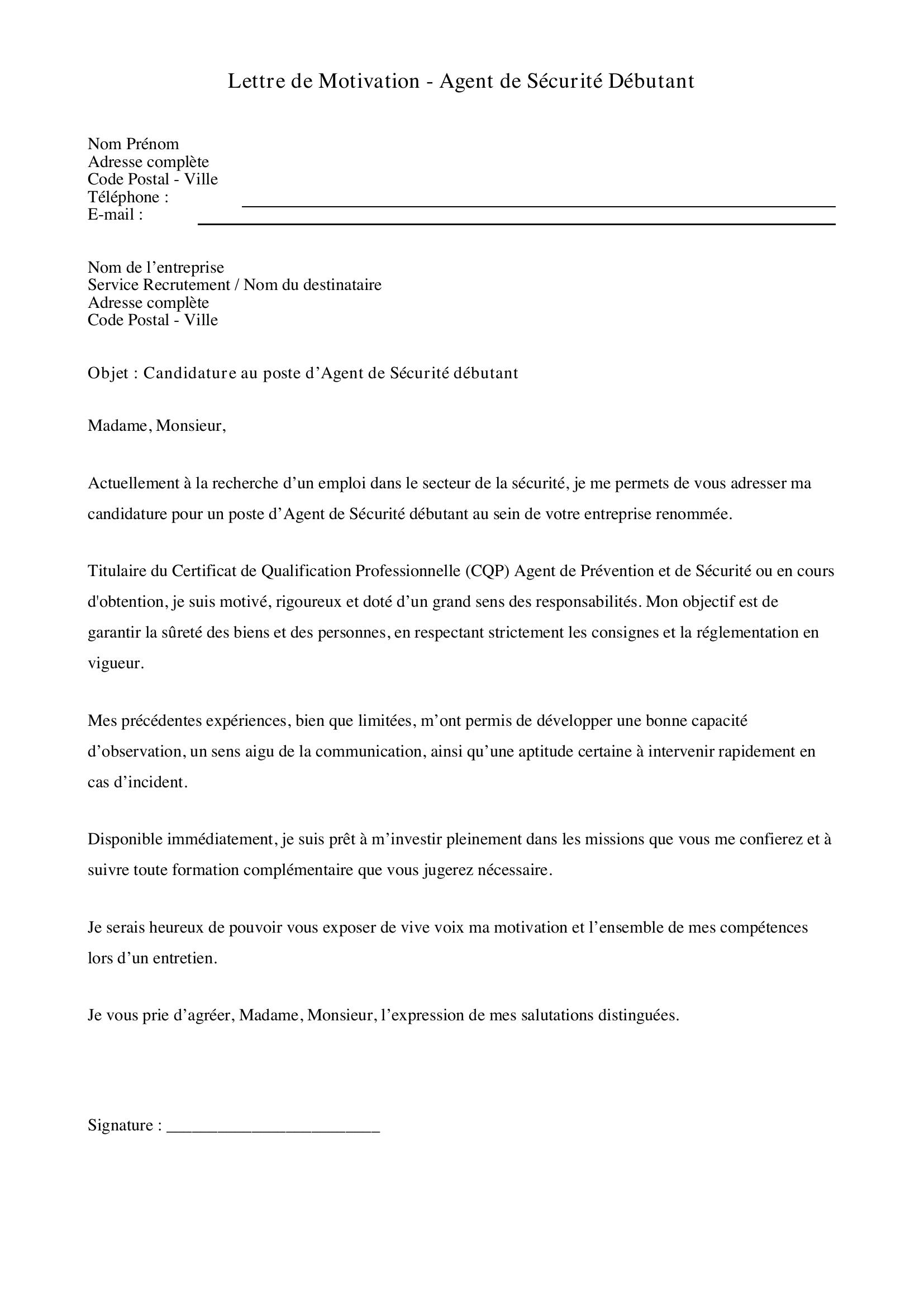 Modèle Lettre De Motivation Agent De Sécurité Débutant
