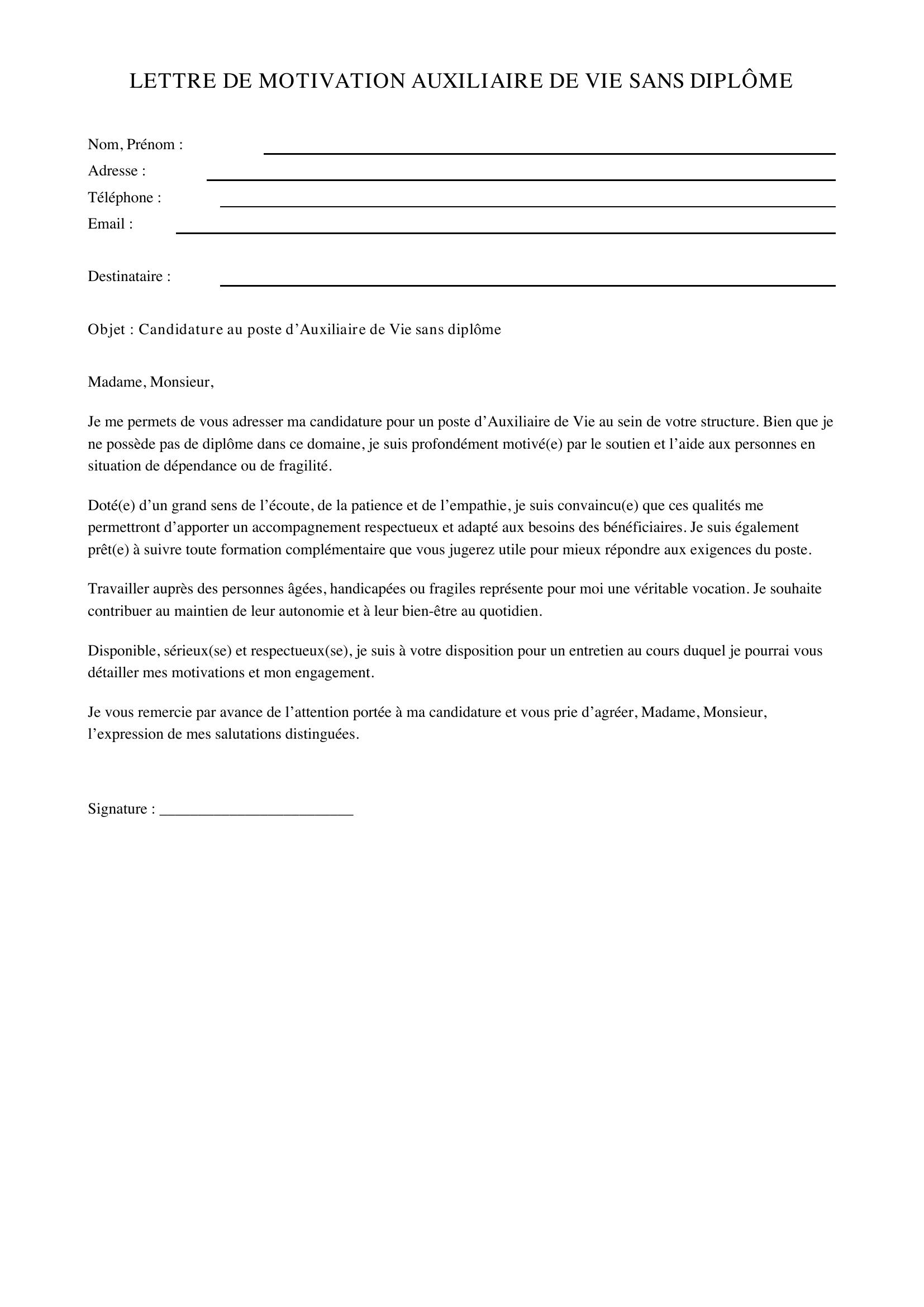 Modèle Lettre De Motivation Auxiliaire De Vie Sans Diplôme
