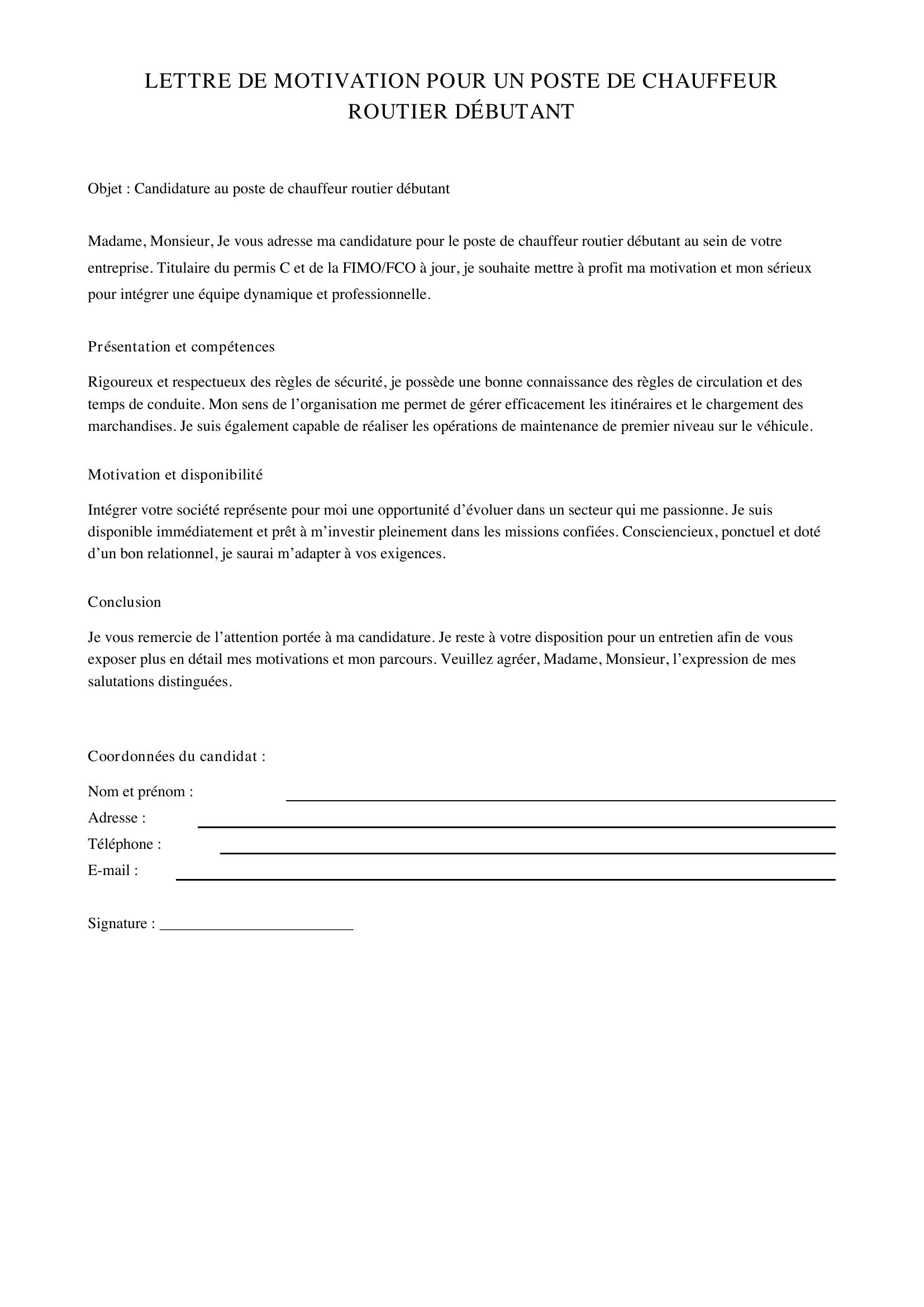 Modèle Lettre De Motivation Chauffeur Routier Débutant