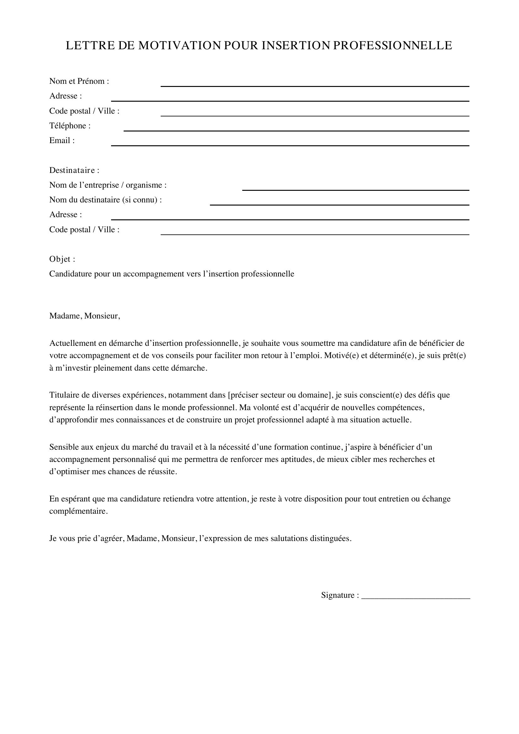 Modèle Lettre De Motivation Insertion Professionnelle