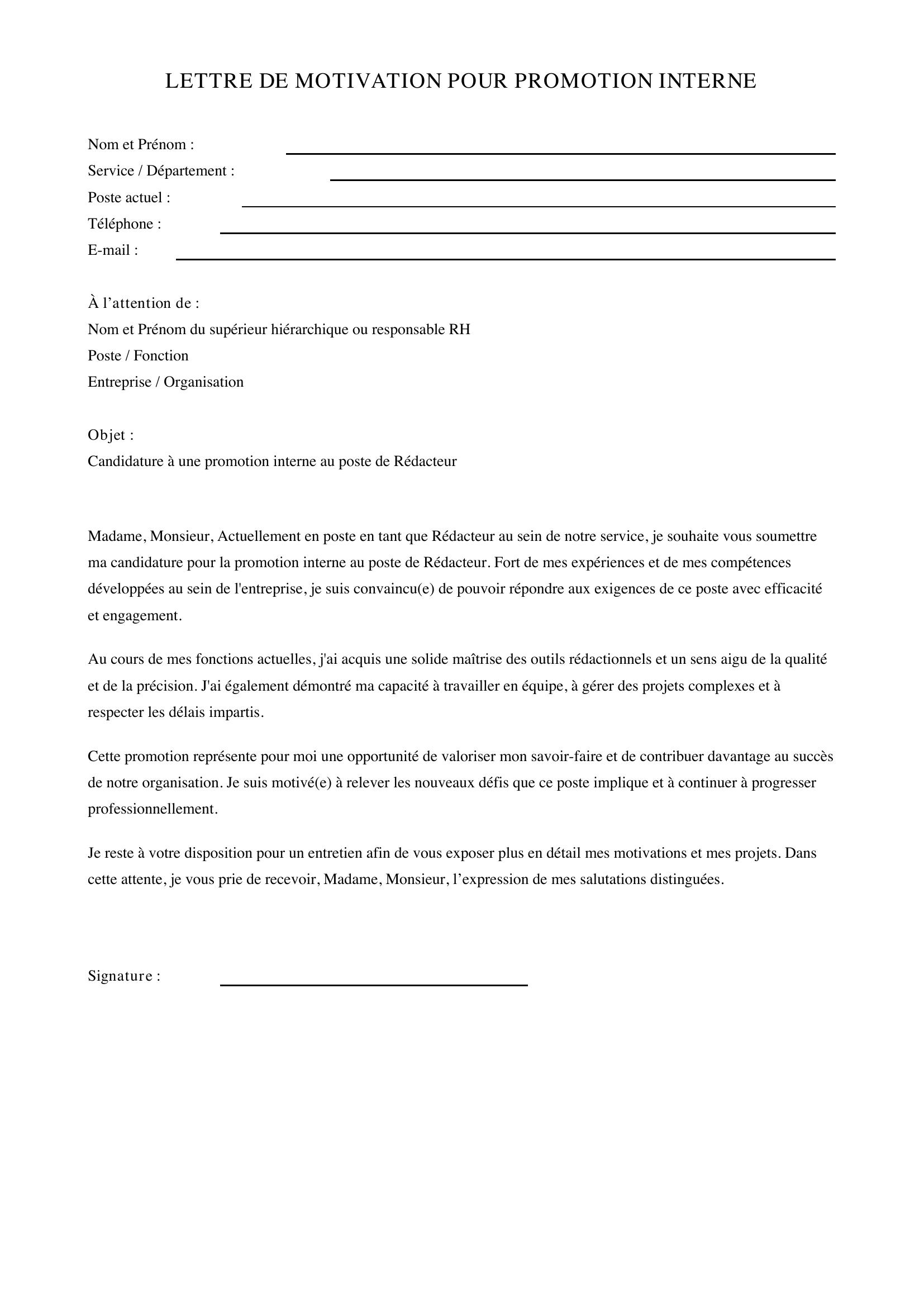 Modèle Lettre De Motivation Promotion Interne Rédacteur