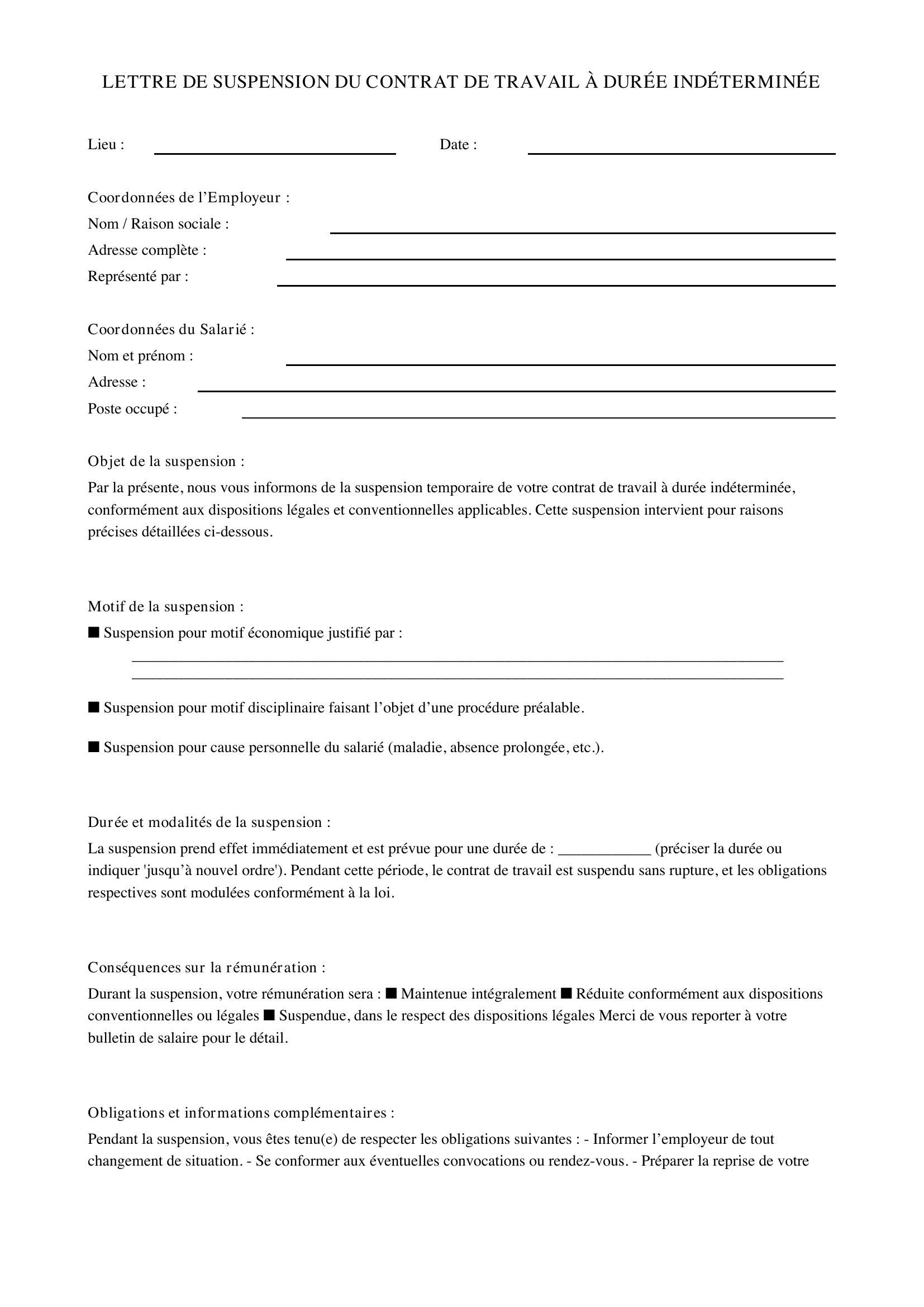 Modèle Lettre De Suspension De Contrat De Travail Cdi
