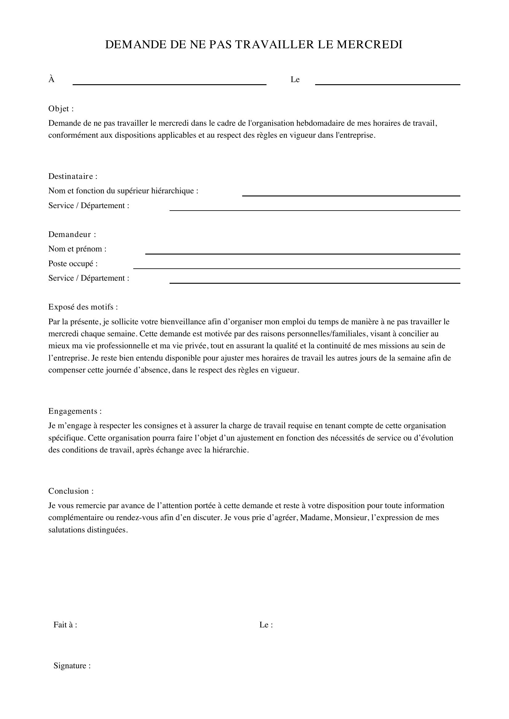 Modèle Lettre : Demande De Ne Pas Travailler Le Mercredi